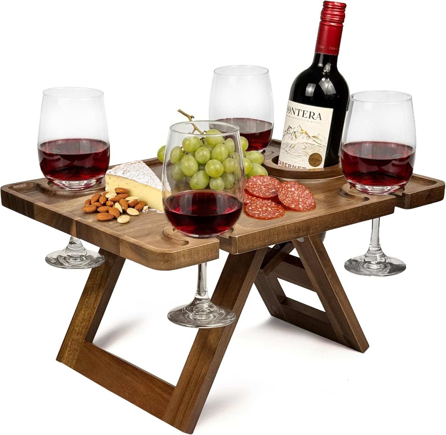 Portable Wine Picnic Table in Acacia Wood, Wine Charcuterie Board with Glass Holders, Outdoor Folding Wine Table for Beach, Park & Indoor Use, Gift for Wine Lovers