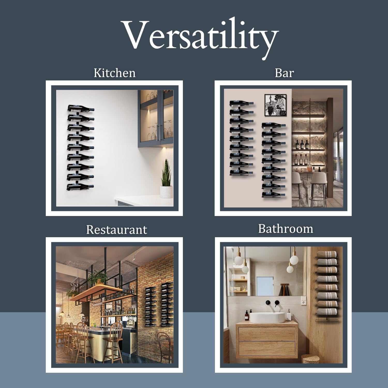 9-Bottle Black Metal Wall Mounted Wine Rack – Modern Industrial Wine Bottle Storage Organizer for Home Bar, Kitchen, Dining Area & Wine Cellar