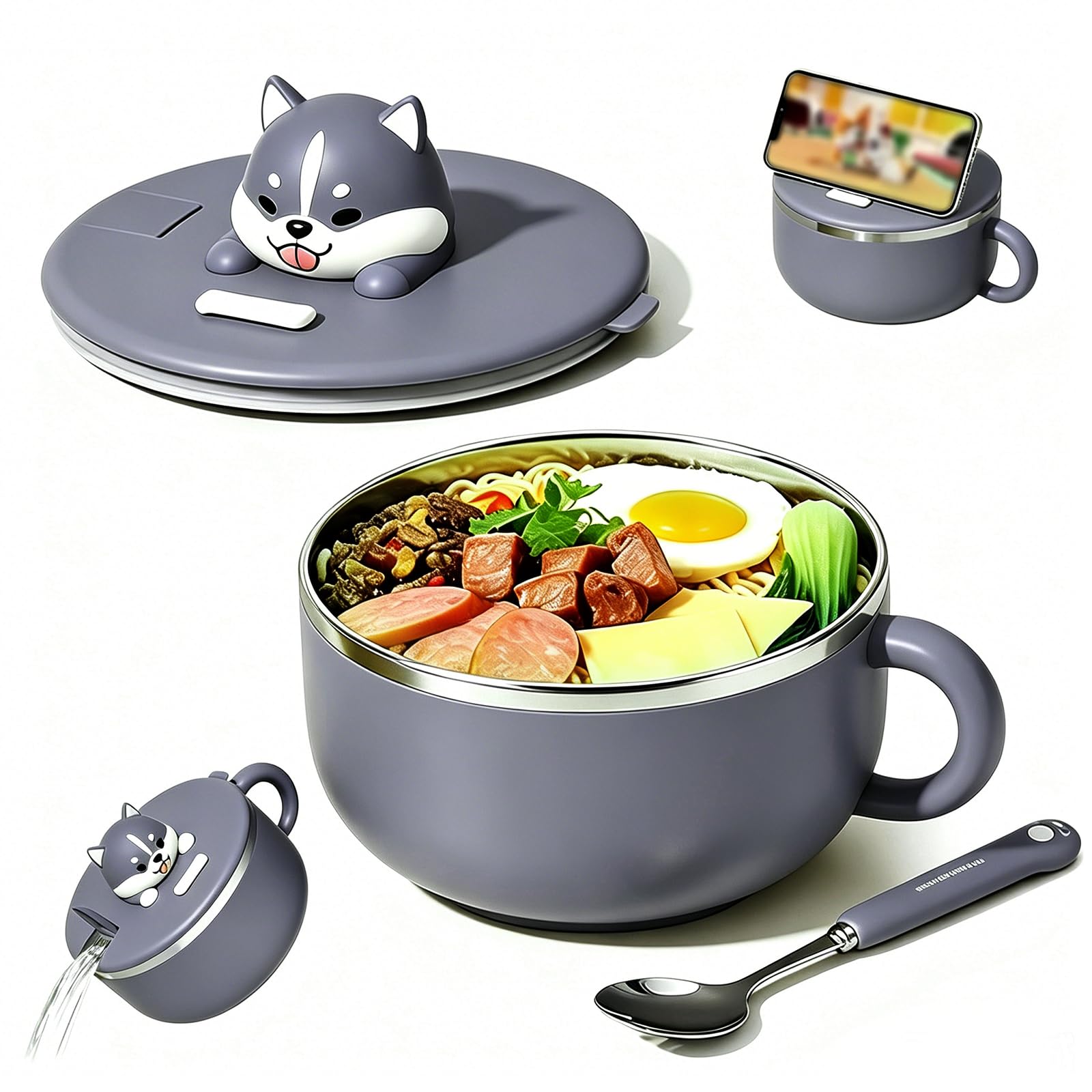 Cuenco de ramen instantáneo de 1200 ml con tapa y cuchara, cuenco de pasta instantánea con asas, horno ramen portátil para microondas, bento, almuerzo, sopa, pasta (ronco)