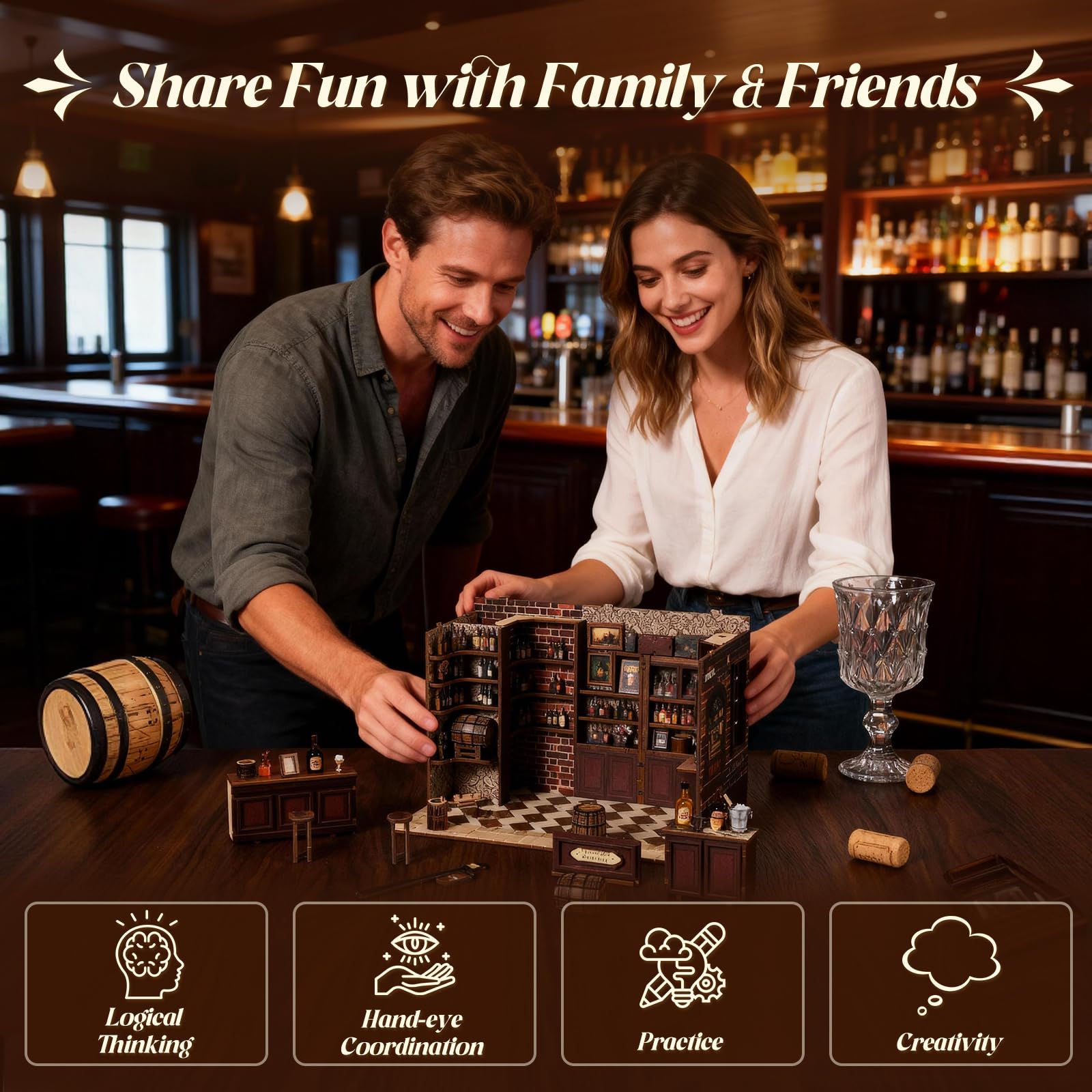 Book Nook Bistro ze światłami, Puzzle 3D DIY miniaturowe drewno
