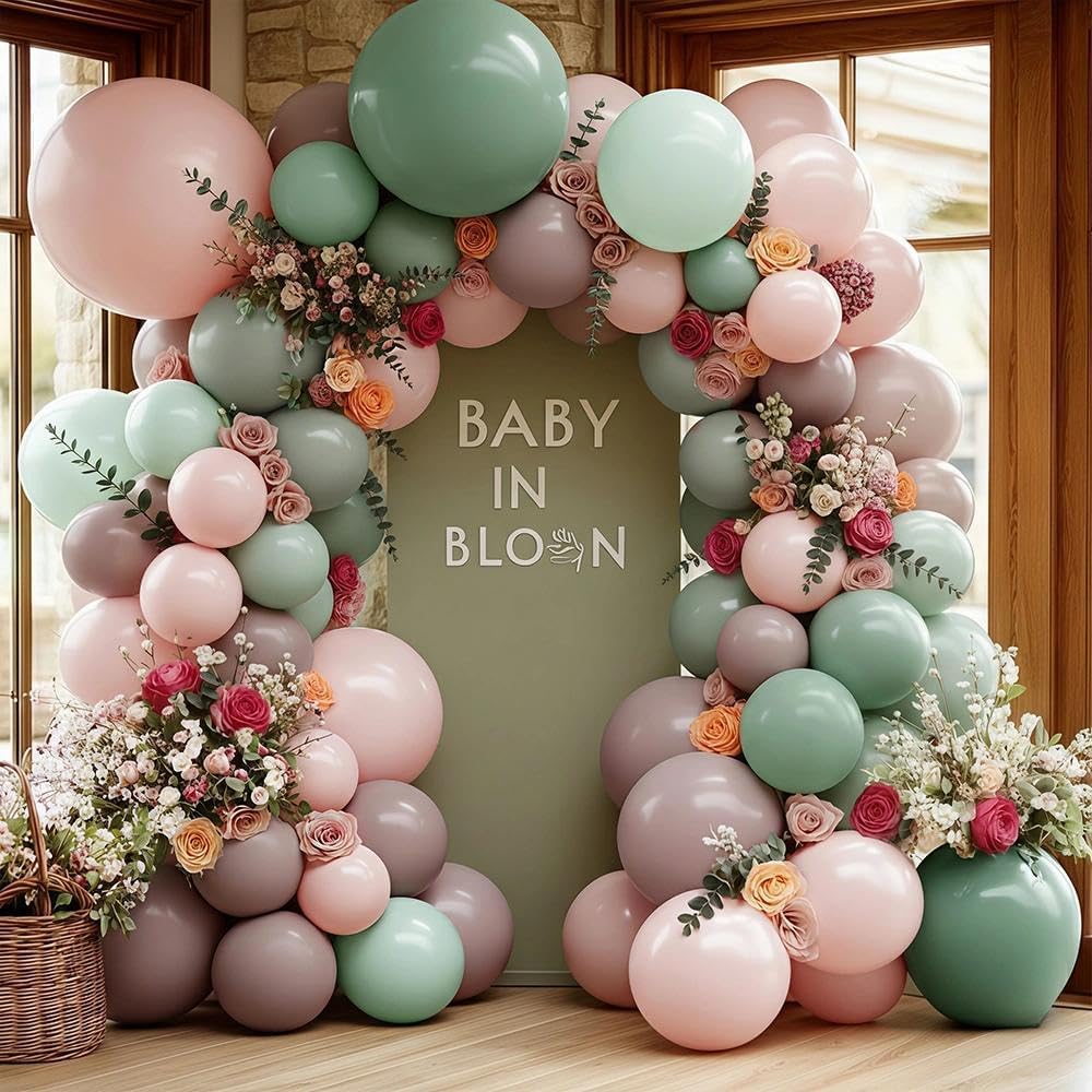 Pink Green Balloon Arch with Artificial Flowers Double Stuffed Dusty Light Pink Sage Green Balloon Garland Kit Eucalyptus Leaves for Baby Bloom Birthday Bridal Shower Wildflower Tea Party Decorations