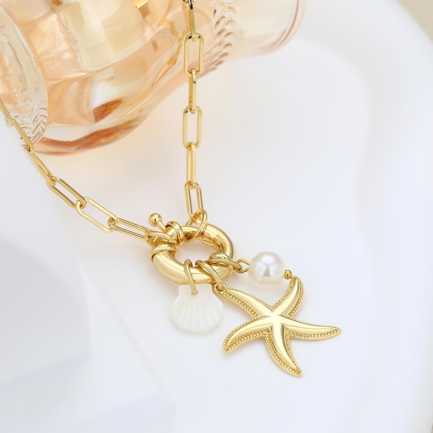 Dainty Gold Evil Eye Hamsa Hand Coin Lucky Charm Pendant Necklace for Women Trendy Vintage Paperclip Chain Sun Moon Clover Flower Chunky Charm Necklace Jewelry Gifts image 5