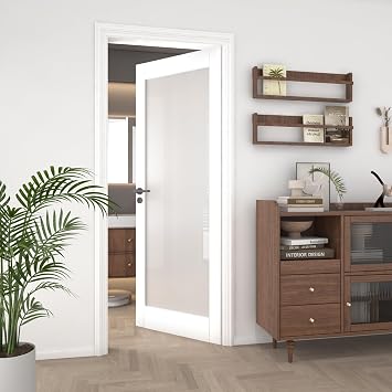 30"x 80"Interior Slab Door, 1-Lite Frosted Glass French Door Slab, Pre-Assembled White Primed Solid Core Panel w/o Prehung Jamb, for Pantry Closet Laundry Bathroom Office