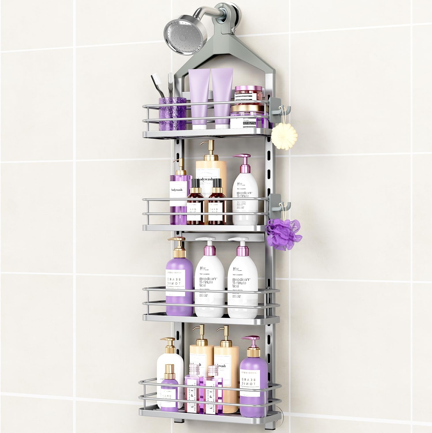ODesign 4 Tier Height-Adjustable Shower Caddy Hanging Anti-Swing-Over The Shower Head Caddy- Storage Organizer Bathroom Shelves Basket Caddies-Silver