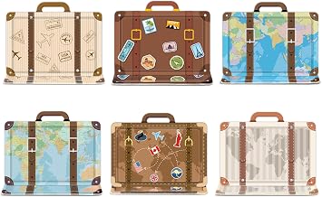 48Pcs Travel Themed Birthday Party Plates Around the World Party Decorations Vintage Travel Suitcase Paper Plates 6 Styles Mini World Map Dessert Dinnerware for Baby Shower Party Supplies Favors