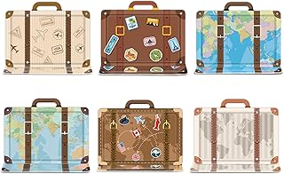 Travel Themed Birthday Party Plates Vintage Travel Suitcase Paper Dinnerware Set 6 Styles Mini World Map Suitcase Disposable Tableware Birthday Party Supplies for Wedding Bride Shower Serve 48 Pcs