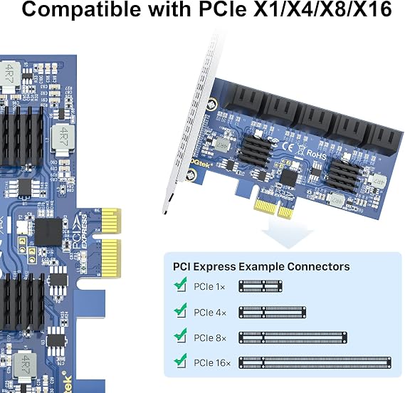 10Gtek 10-Port PCIe SATA Expansion Card, SATA3.0 6Gbps Controller with 10x SATA Cables, JMicron JMB582 Chipset, Supports Non-RAID HDD/SSD, Includes Full-Height Bracket, Fits PCIe x1/x4/x8/x16 Slots