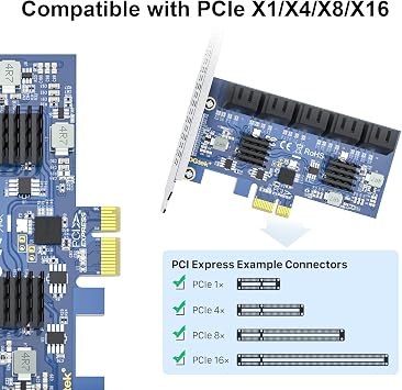 10Gtek 10-Port PCIe SATA Expansion Card, SATA3.0 6Gbps Controller with 10x SATA Cables, JMicron JMB582 Chipset, Supports Non-RAID HDD/SSD, Includes Full-Height Bracket, Fits PCIe x1/x4/x8/x16 Slots
