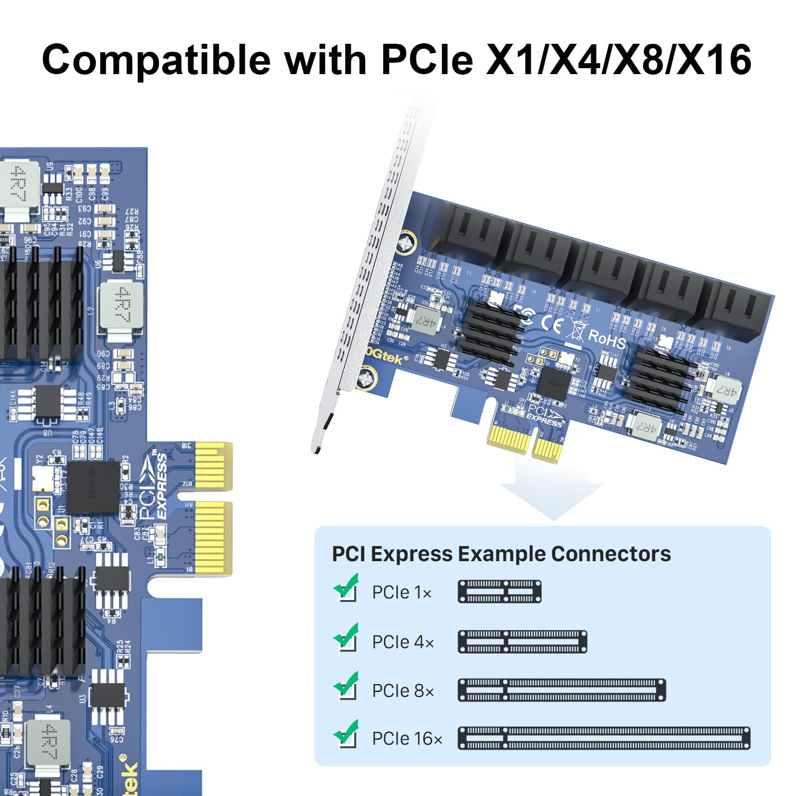 Carte contrôleur PCIe X1 vers SATA3.0, Carte d'extension SATA III 6Gbps 10 Ports, incluant 10pcs de câbles SATA, supporte SSD et HDD, pour Windows10/7/8/XP/Vista/linux, ne supporte Pas Raid matériel