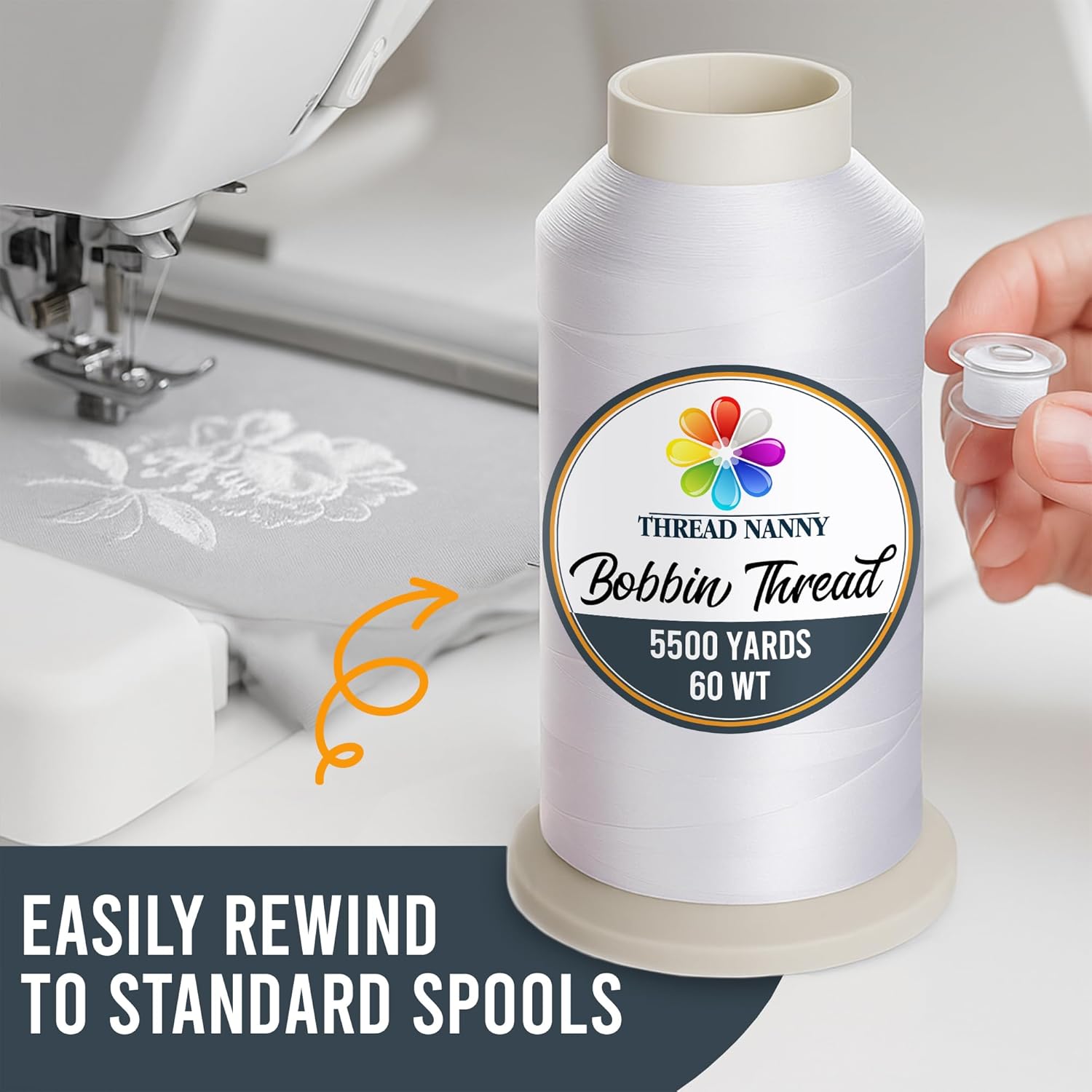 New ThreadNanny 4 Extra Large Spools of White Bobbin Thread - 5000 MTS Each