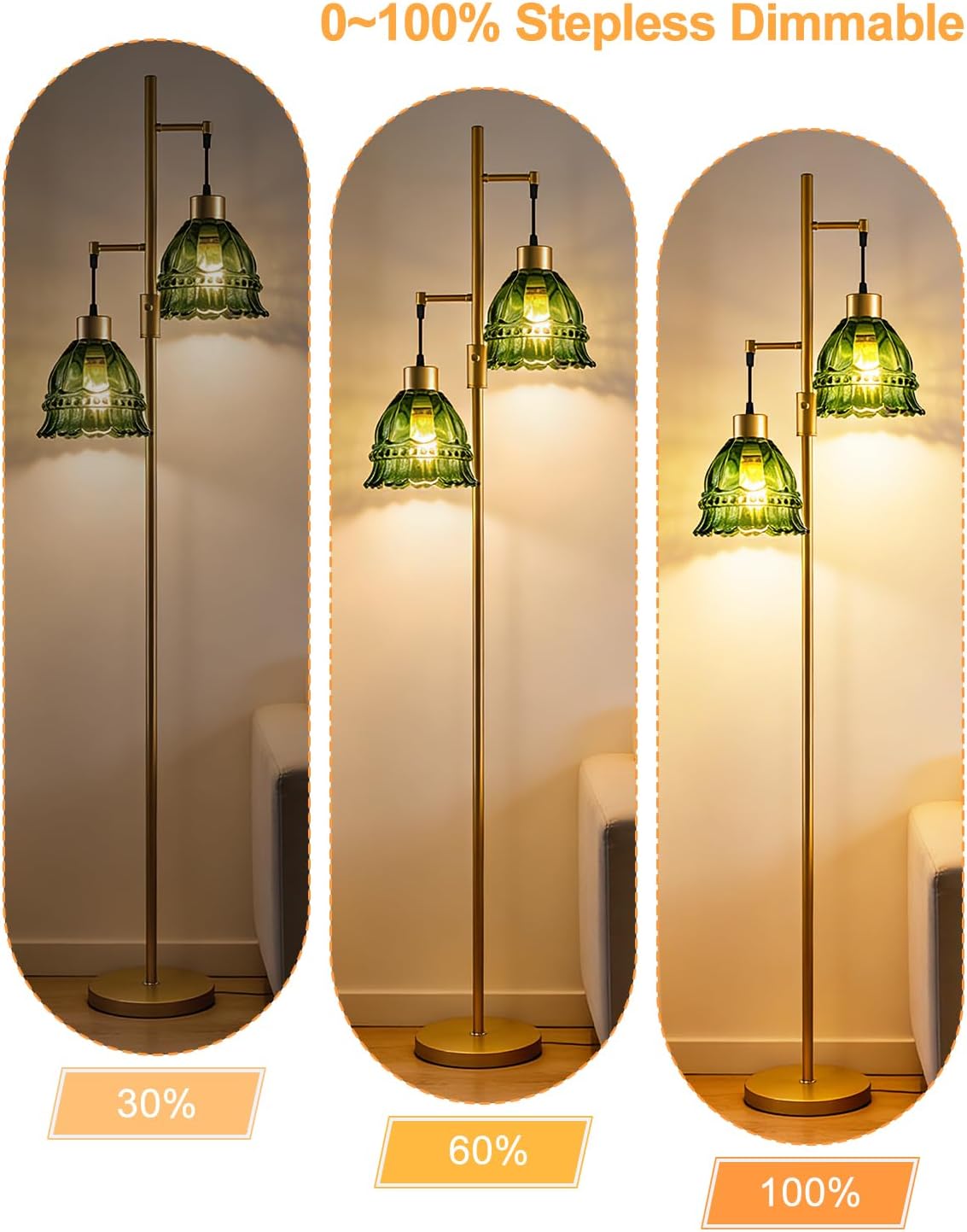 2-Light Modern Glass Floor Lamp, Gold Tall Standing Lamp with Green Lace Glass Shade for Reading, Dimmable LED Floor Lamp with 5Lbs Heavy Base for Living Room Bedroom Home Decor, Bulb Included