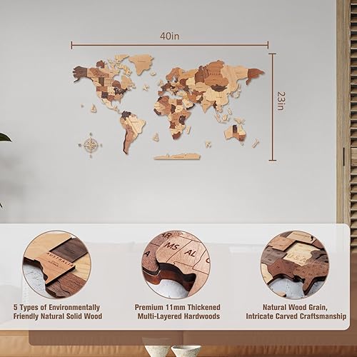 Miniatura 3 de Handiwoo Mapa del mundo de madera 3D, arte de pared de mapa del mundo de madera, mapa de madera de varias capas del mundo, idea de regalo de