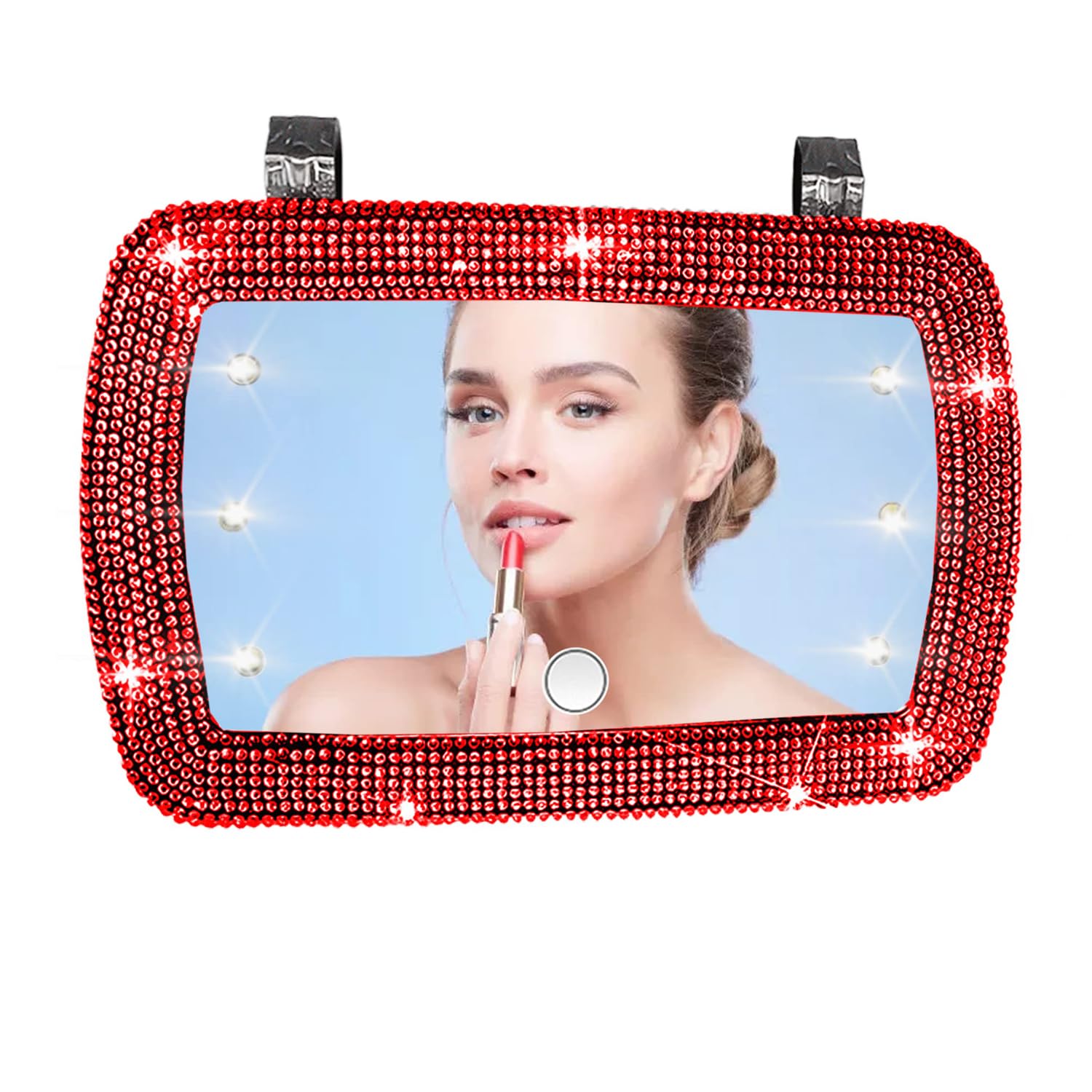 Pomelo Litchi Pitaya Car Visor Vanity Mirror with LED Lights,Bling Diamond Makeup Mirror with Built-in Battery,Clip On Touch Screen Sun Visor Car Mirror, Ideal Gift for Women(Red)
