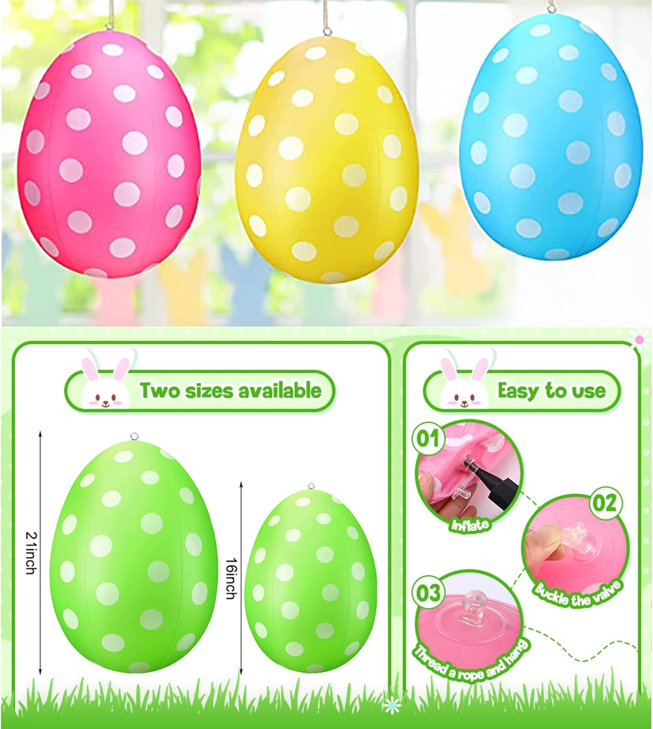 2024 Inflatable Easter Eggs Outdoor Decoration Hanging Colorful Egg Ornaments for Holiday Yard Garden Lawn Porch Party (16inch-6PCS, Set A)