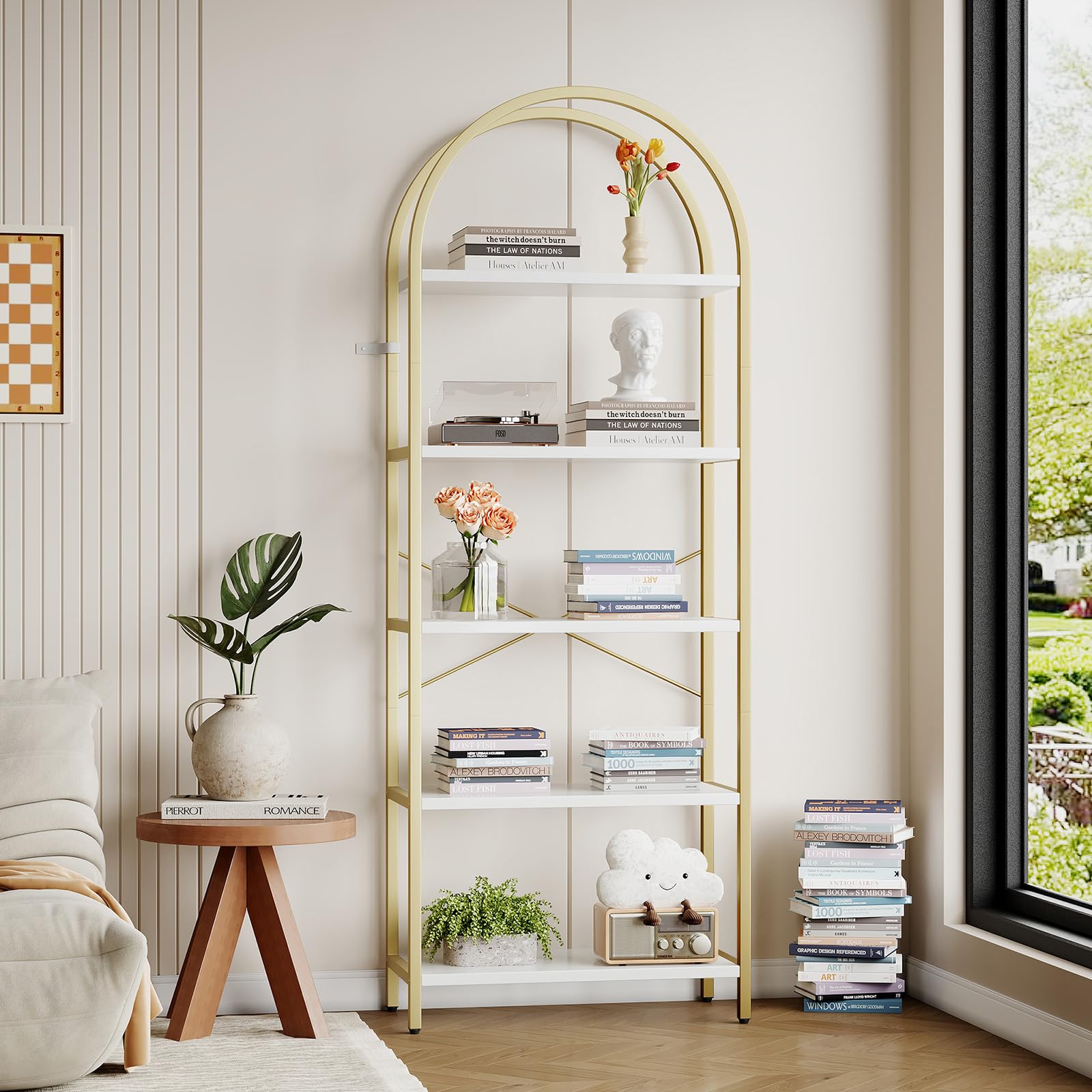 Libreria ad arco a 5 ripiani, alta 180 cm, con struttura in metallo dorato, scaffale autoportante in stile industriale per casa e ufficio.