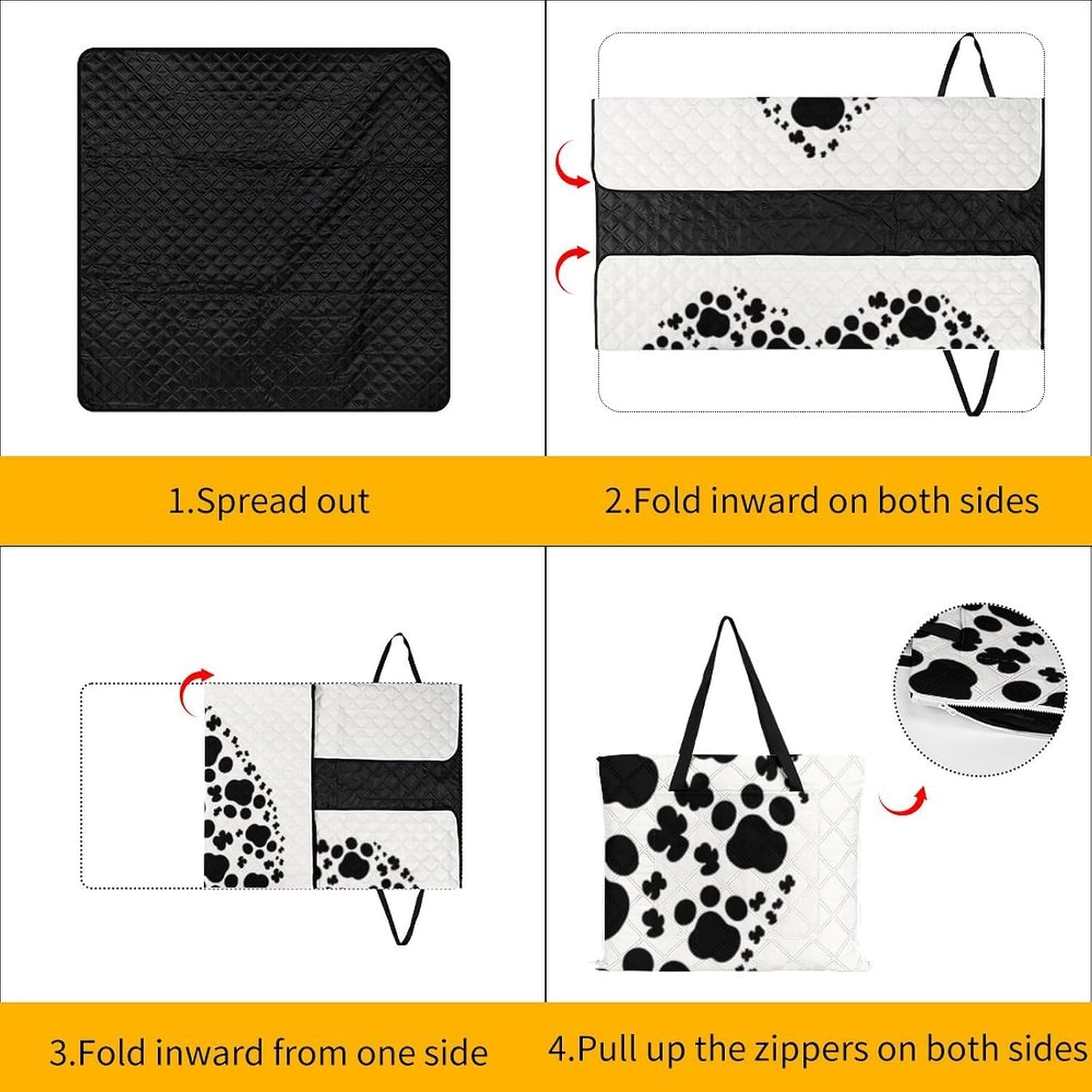Dog Paw Print Love Heart Picnic Blanket with Zipper Water Resistant Sand Free Picnic Mat Washable Foldable Easy Carry Beach Blanket for Lawn Beach Hiking Camping