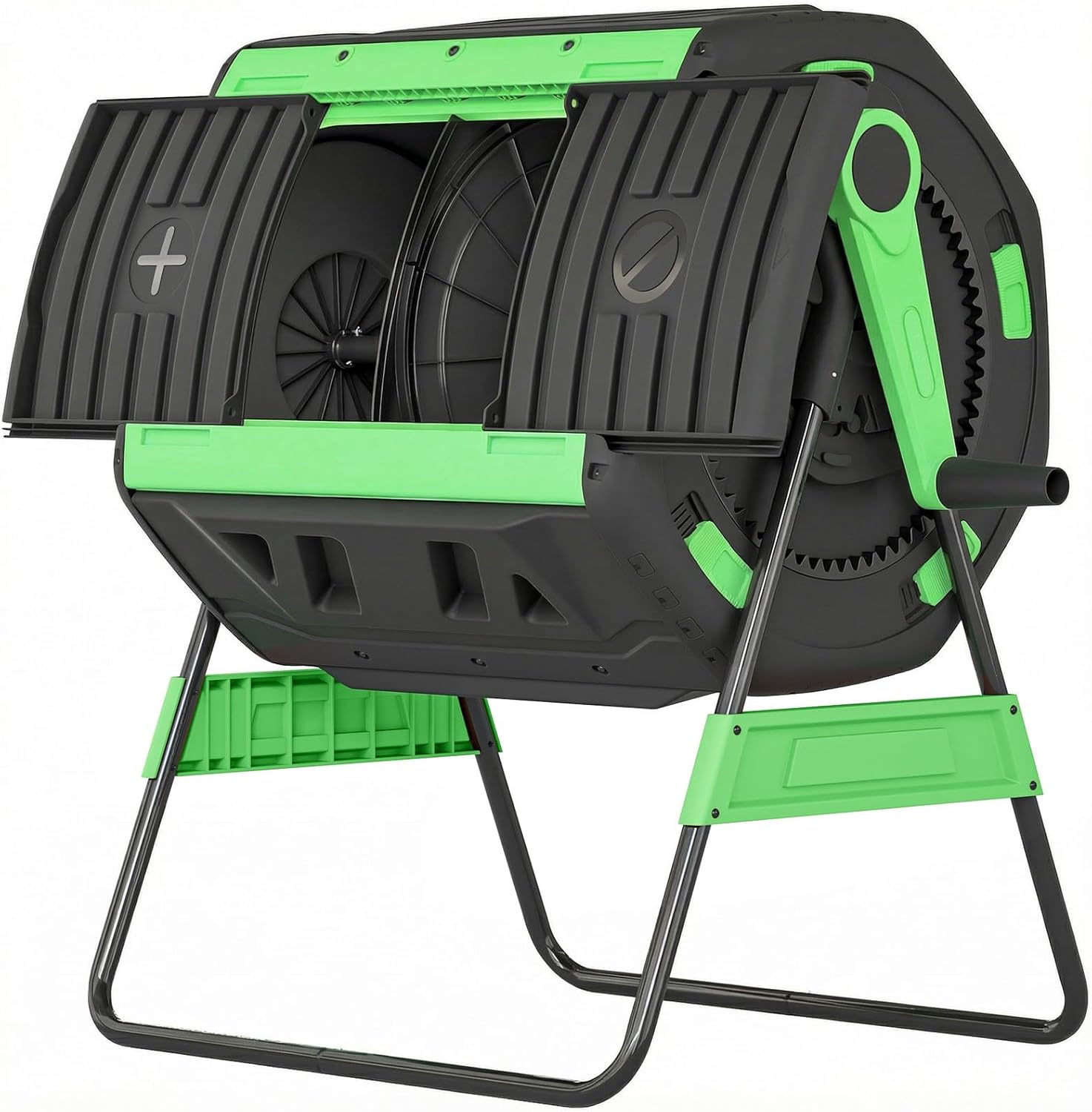 Durable Compost Bin Outdoor, 53 Gal Dual Chamber Tumbling Compost with Gloves, Green
