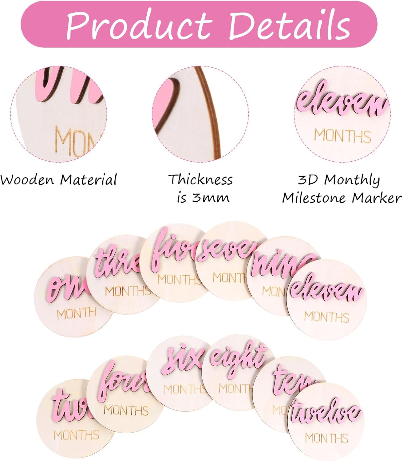 TIESOME 6 Pcs Baby Monthly Milestone signs,1-12 Months Milestone signs for Photos with Double-Sided 3D Engraving Newborn Age Signs for Baby (Pink)