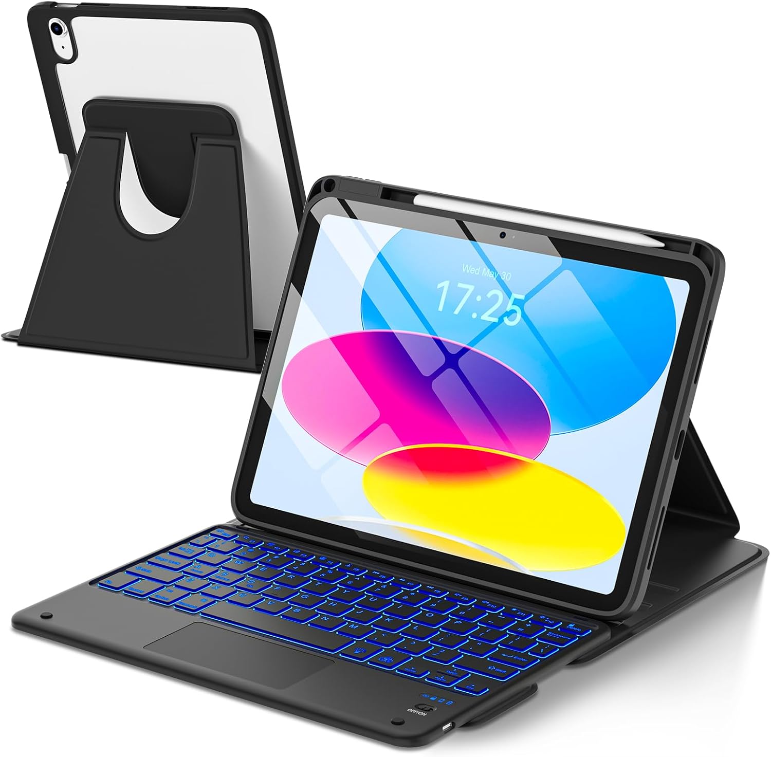 TaIYanG Touchpad for iPad A16 11th/10th Generation Case with Keyboard, 7 Color Backlit 360 Rotation Cover with Pencil Holder,Detachable Keyboard for iPad 11 inch 2025/10th Gen 10.9'' 2022 (Black)