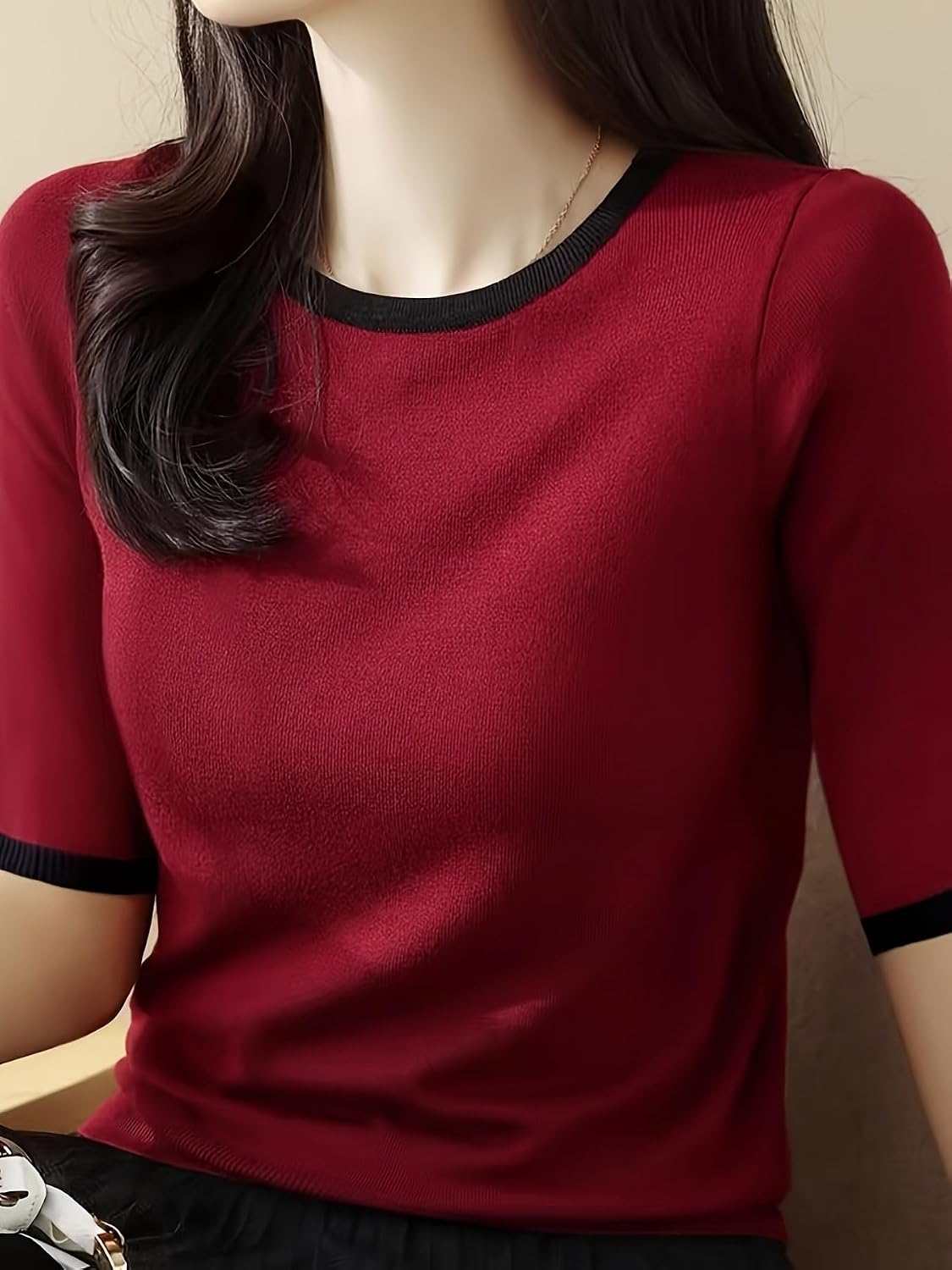 Women's Short Sleeve Crew Neck Solid Color Shirt Basic Business Casual Blouse Top