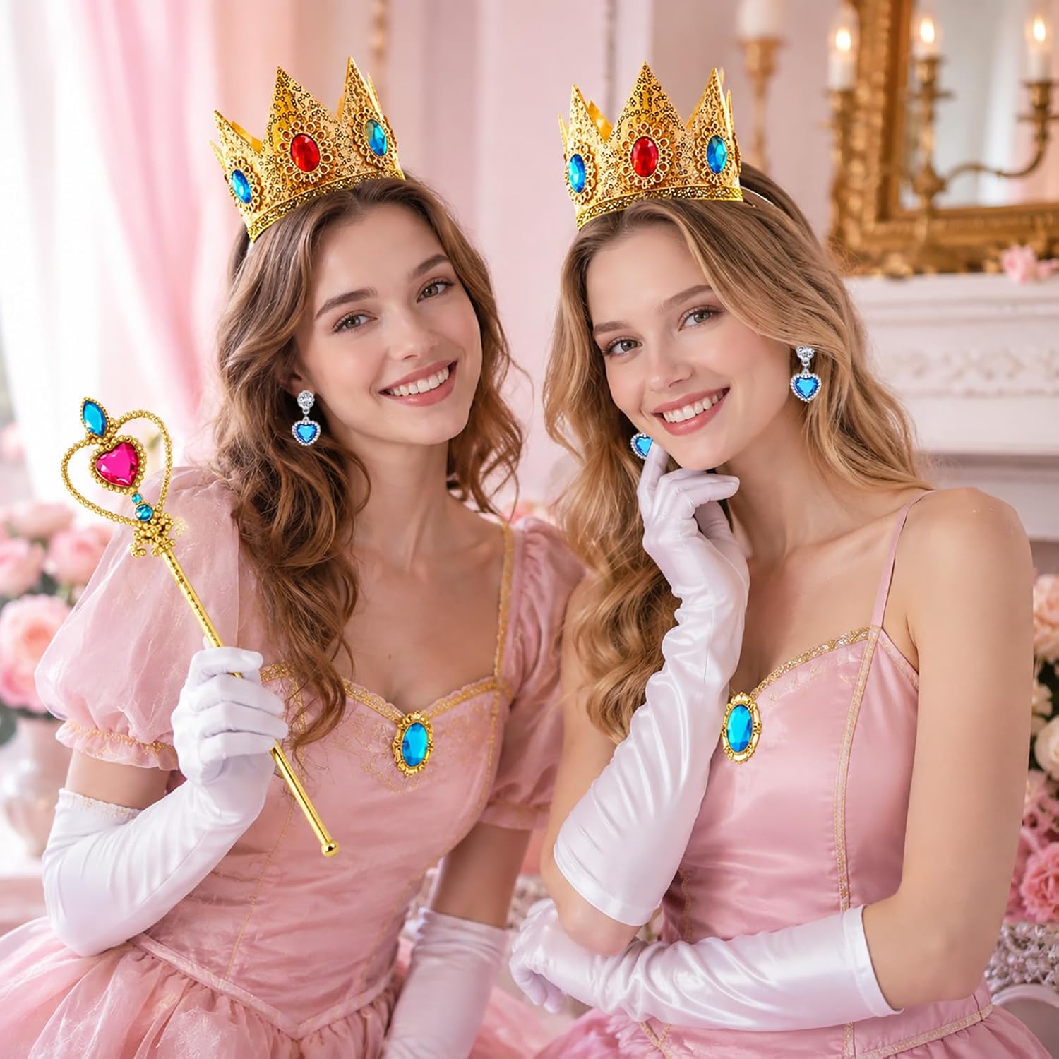 Princess Costume Crown Accessories, Princess Dress Up Crown Gloves Brooch Wand for Women Halloween Cosplay Costume Accessories