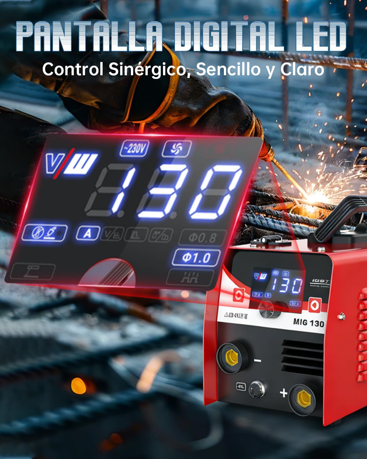 VECTOR WELDING Soldador de Hilo sin Gas 130A, Máquina de Soldar Mig sin Gas con Función de Soldadura por Electrodo, Grupo de soldar Mig Mag Portátil con Alambre, IGBT