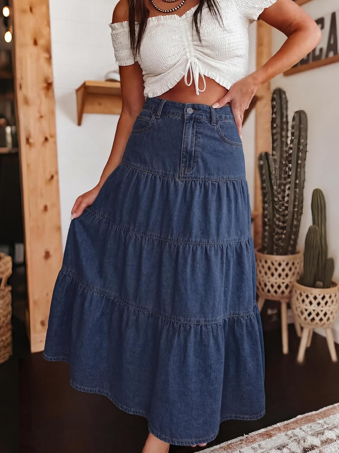 Womens Long Denim Skirt Elastic High Waist Tiered Ruffle Swing A-Line Summer Boho Jean Maxi Skirts with Pockets