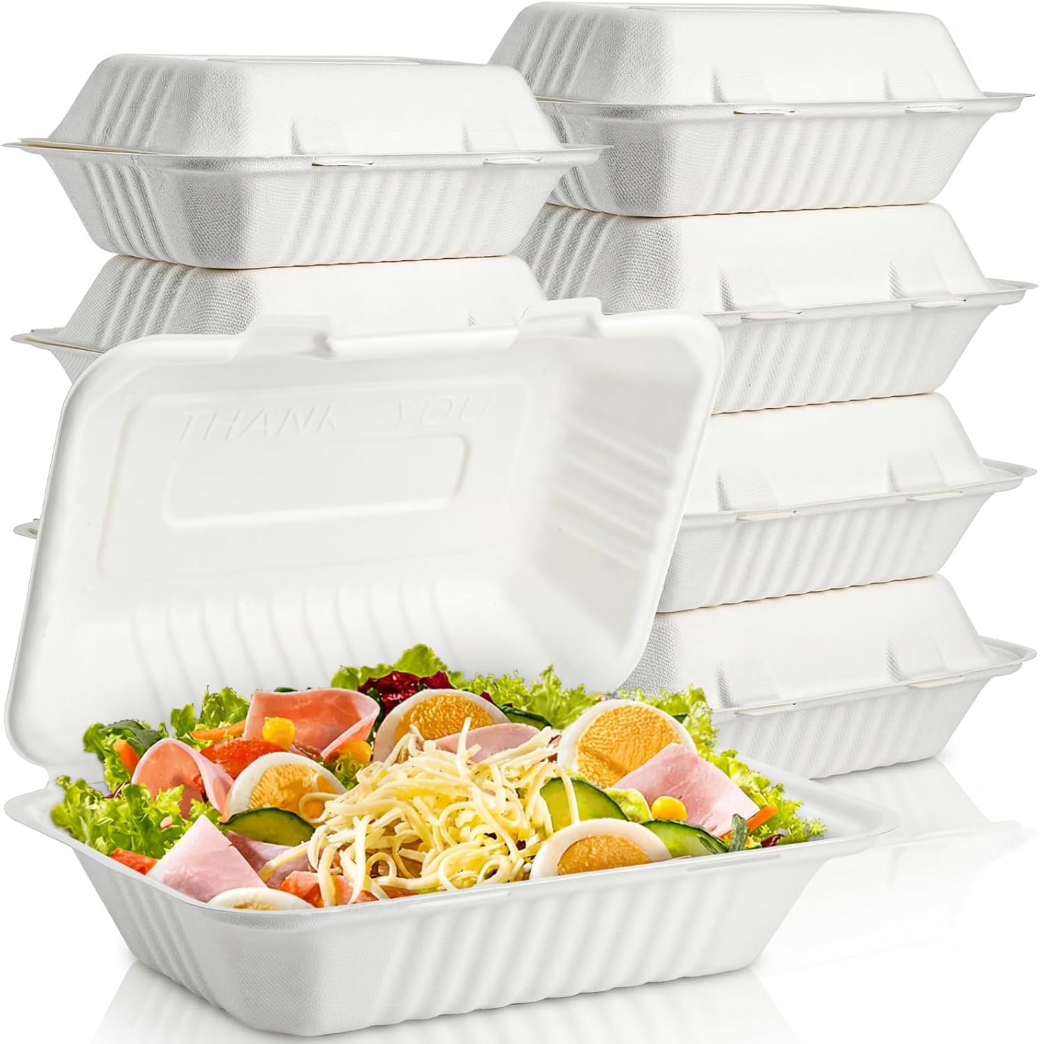Elsjoy 90 Pack Compostable Clamshell Take Out Containers, 9"x 6" Bagasse Hinged To Go Food Containers, Disposable Lunch Box with Lids for Restaurants, Microwave Safe