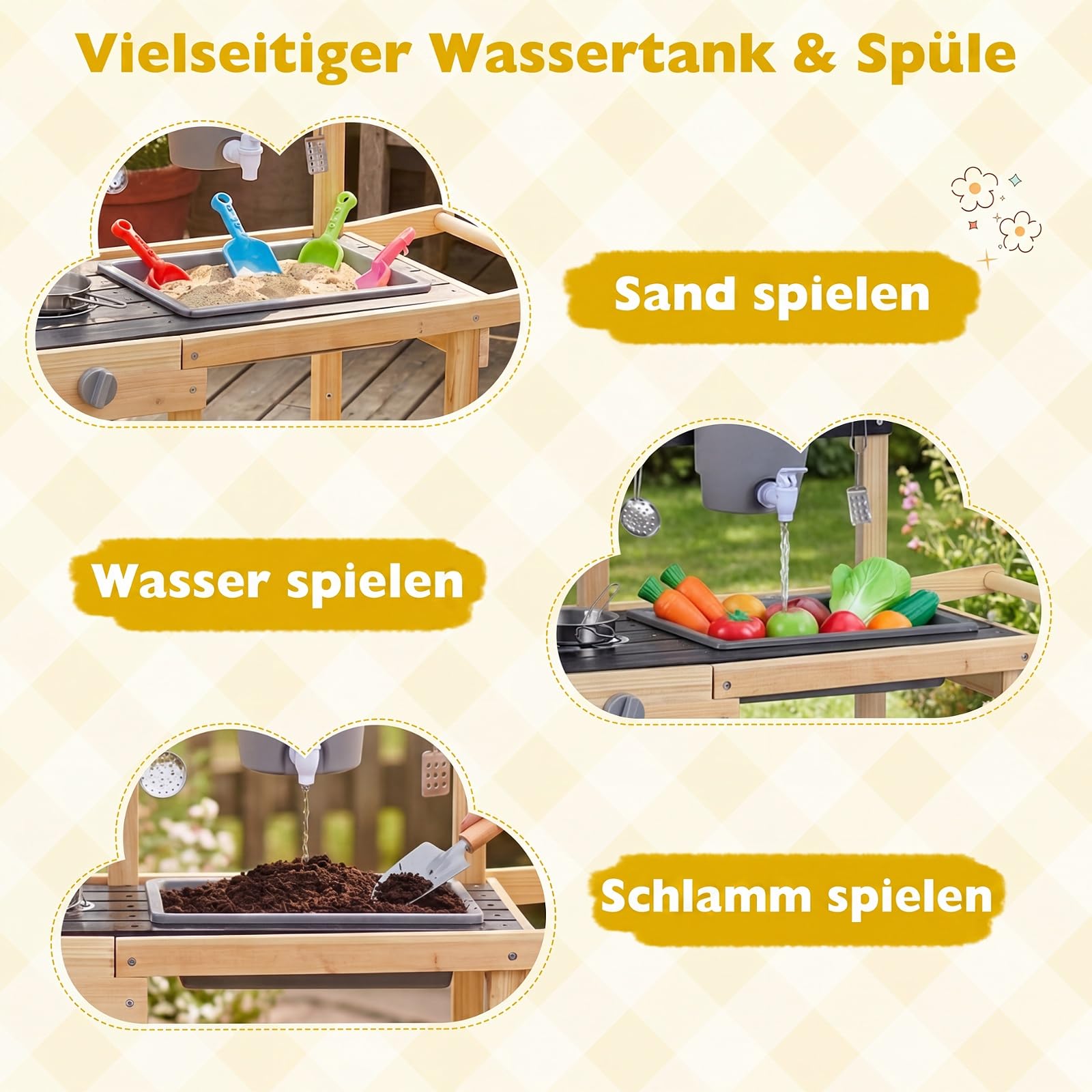 COSTWAY Matschküche Kinder Outdoor, Spielküche mit Wassertank & Wasserhahn | Kinderküche mit Rädern, Spüle, 3 Blumentöpfen, 2 Herd & Kochzubehör, Gartenspielküche für Kinder ab 3 Jahren