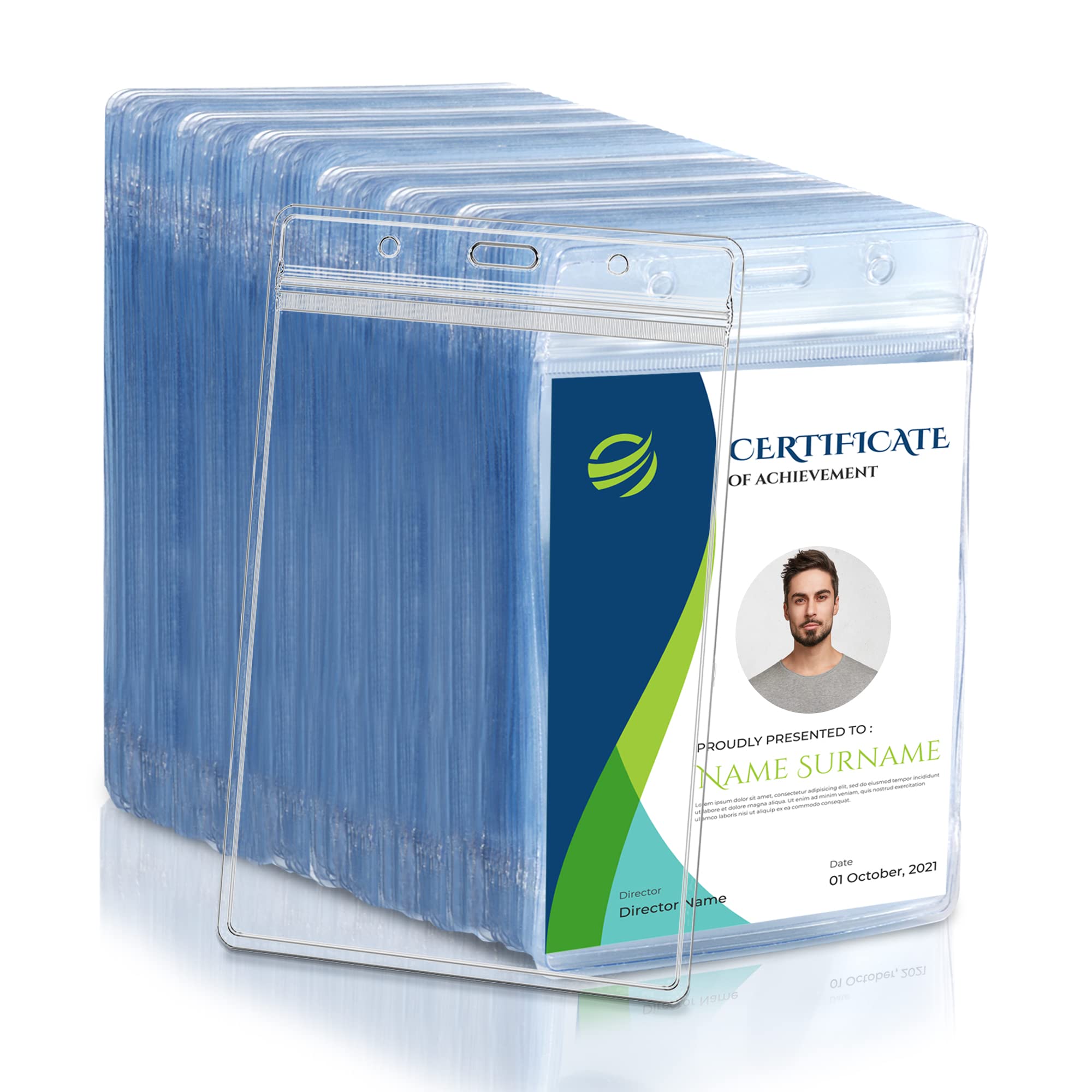 50 Pcs Vertical Clear ID Badge Holders, 4x3 Inch Waterproof PVC Plastic Badge Holders with Resealable Zip, Fits RFID/Proximity/Badge Swipe Cards, Credit Cards, Office, School, Events