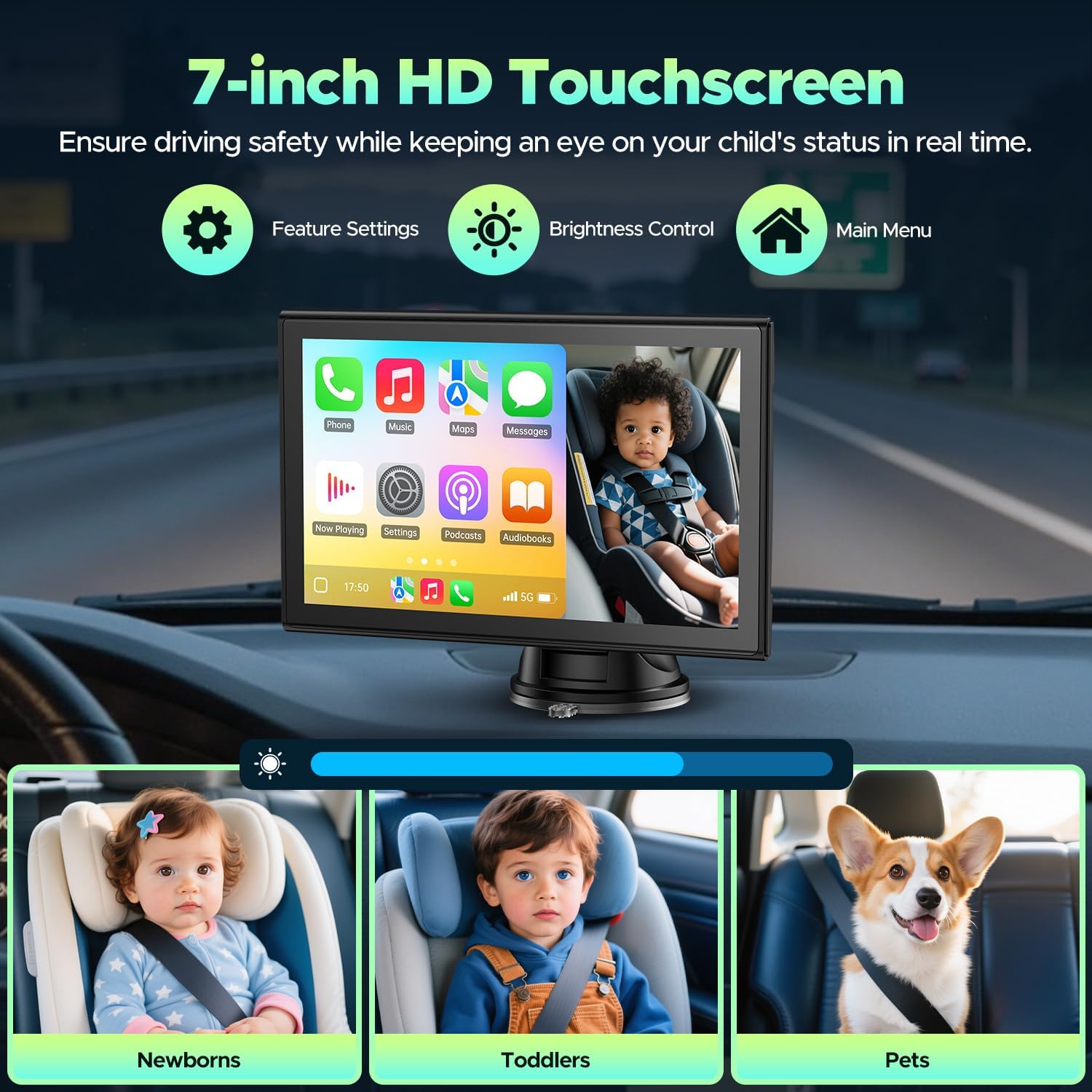 LAMTTO 7-inch HD touchscreen displaying a baby in a car seat, with icons for feature settings, brightness control, and main menu.