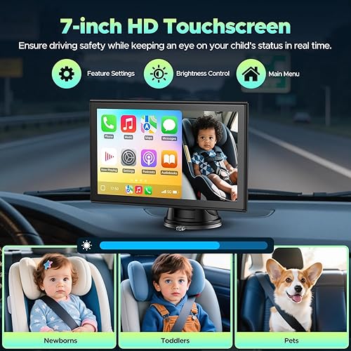 Miniatura 3 de LAMTTO Monitor de coche para bebé con pantalla dividida de 7 pulgadas, CarPlay inalámbrico y Android Auto, cámara trasera HD para bebé con visión