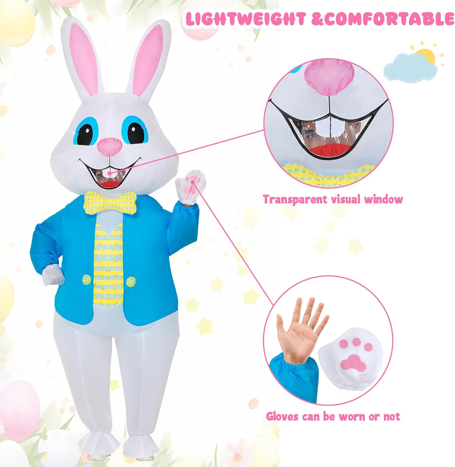 Stegosaurus Easter Inflatable Bunny Costume Adult, Funny White Rabbit Air Blow Up Costumes for Easter Party Men's Deluxe Bunny Costume Mascot Costume Cosplay Dress Up - Image 6