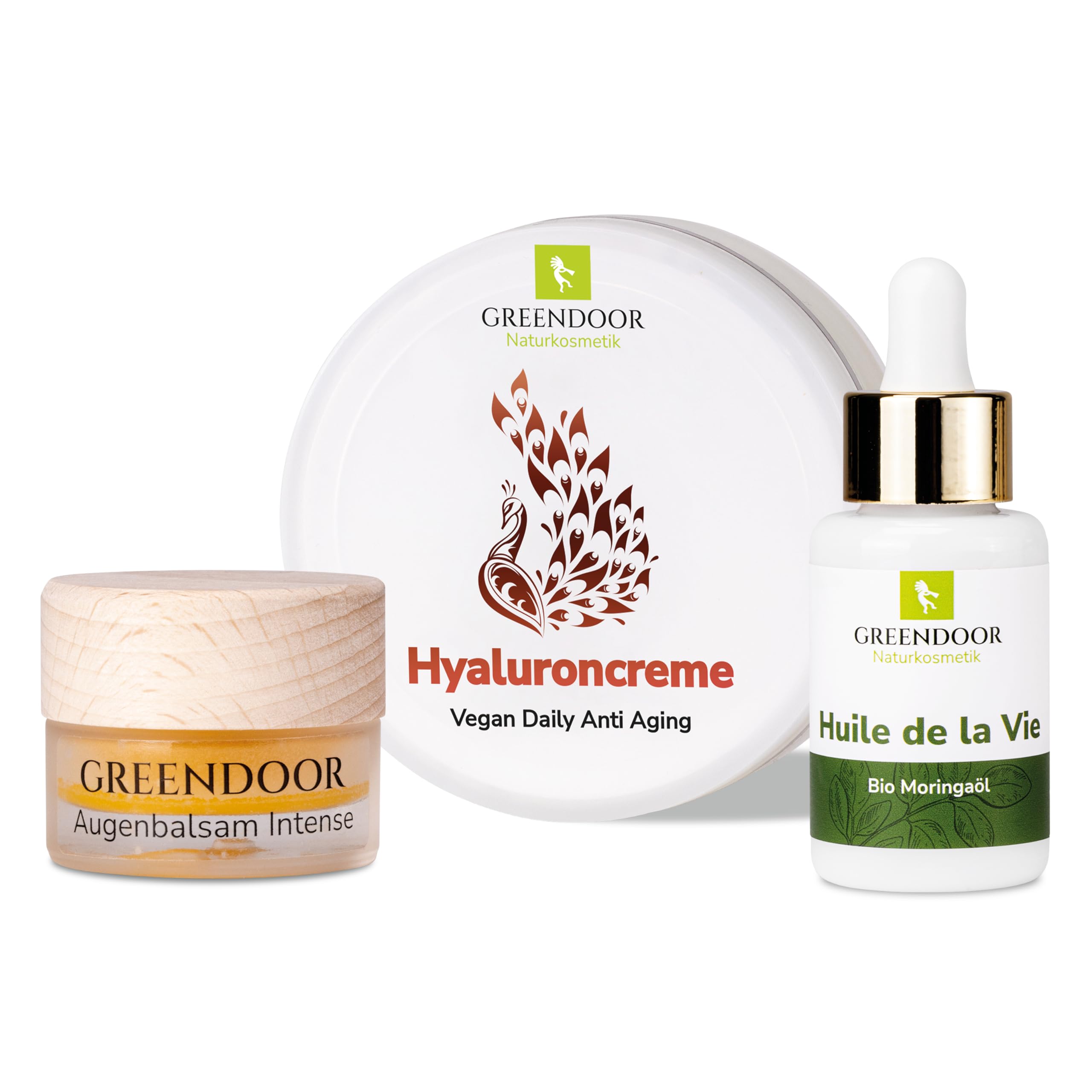 GREENDOOR Naturkosmetik Anti Aging Sparset, Hyaluron-Creme + Augenbalsam intense + Bio Moringaöl, spendet natürliche Feuchtigkeit, hilft Falten vorzubeugen