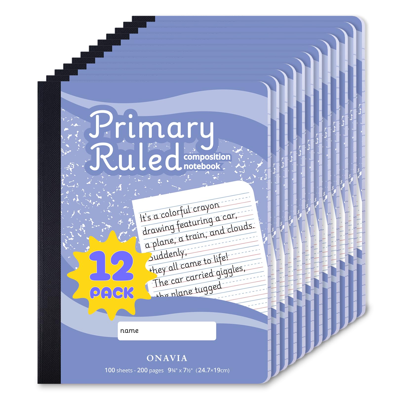 ONAVIA Lot de 12 cahiers de composition primaire, lignés primaires, grade K à 2, 24,5 x 19,4 cm, carnets d'écriture pour enfants, bleu bleuet