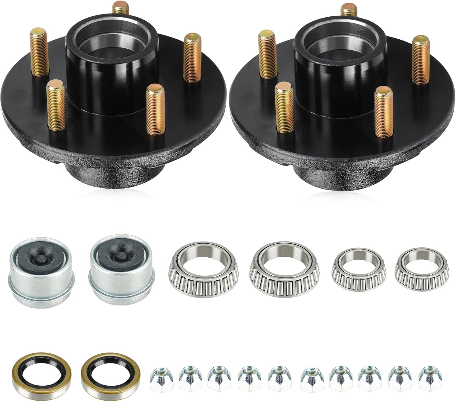 2 Sets 5 on 4.5" Bolt Circle Trailer Hub 5 Lug Idler Hub Kits for 3,500lbs 1-1/16'' to 1-3/8'' Tapered Axle, Replacement for L68149 L44649 Inner & Outer Cone Bearings