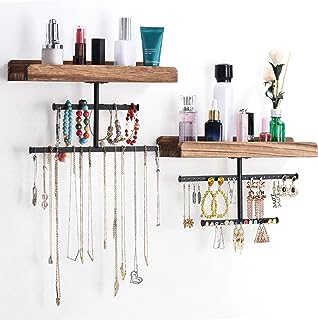 Keebofly Hanging Wall Mounted Jewelry Organizer with Rustic Wood Jewelry...