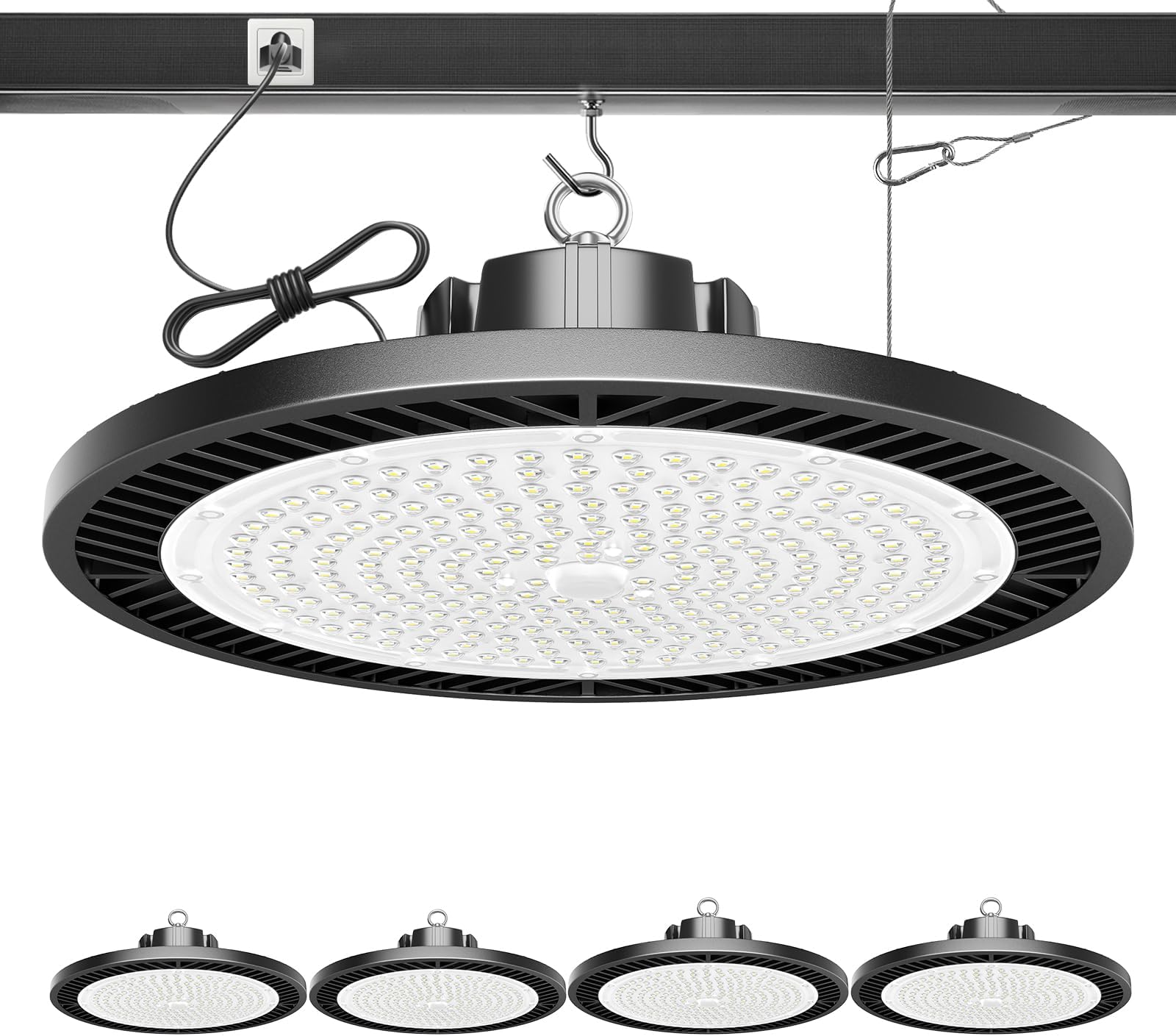 Super Bright 250w Ufo Led High Bay Light 4 Pack,5000k 35000lm High Bay Led Shop Lights With 5' Cable Plug,Hanging Shop Lights Garage Barn Lighting Light With Garage Workshop Factory Barn Warehouse
