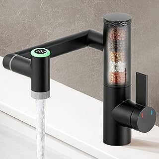 JONKEAN 1080 ° Drehbare Wasserhahn Bad mit Filter, Waschbecken Armaturen mit Temperaturanzeige, Einhebelmischer Mischbatterie Waschbecken, 2 Sprühmodi Waschbeckenarmatur Bad (mit Filter, Mattschwarz)