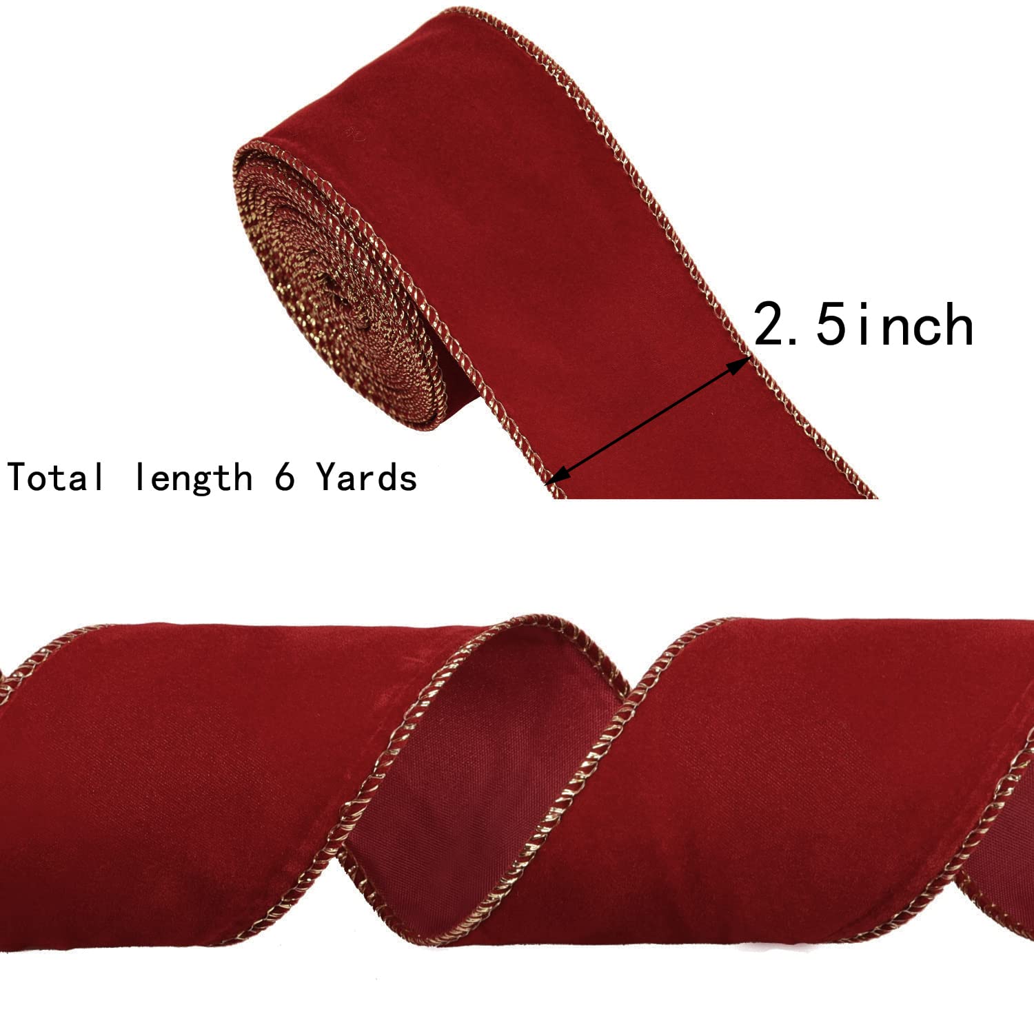 NAUZE 2 Rolls 2.5 Inch x 6 M Christmas Velvet Ribbon Wired Edge Velvet Ribbon for Gift Wrapping DIY Crafts Bow Making(Wine red) - Image 2
