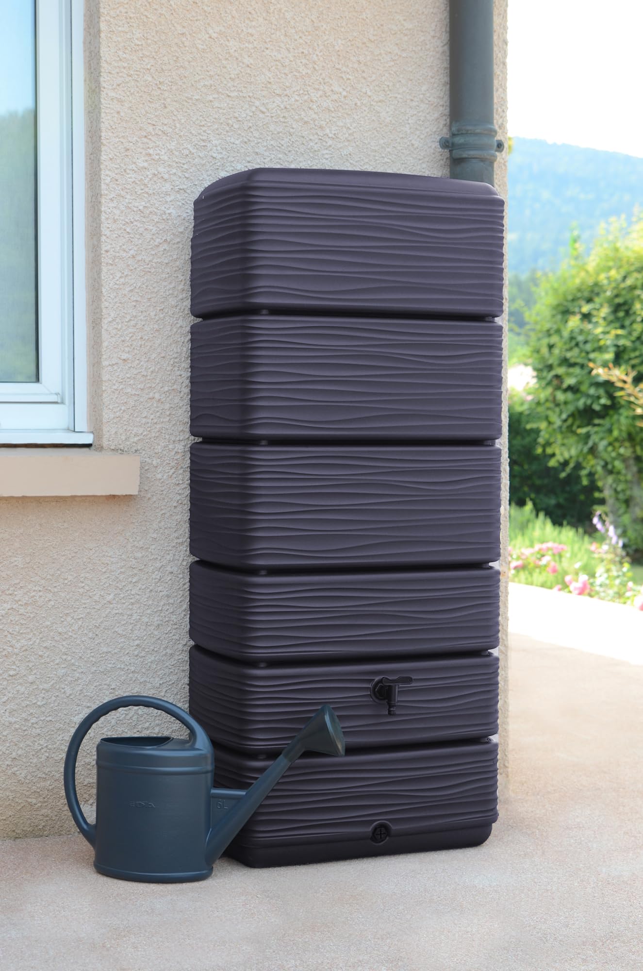 Ondis24 Regenwasser Wandtank Regenfass Eco 300 Liter Graphit anthrazit inkl. Wasserhahn