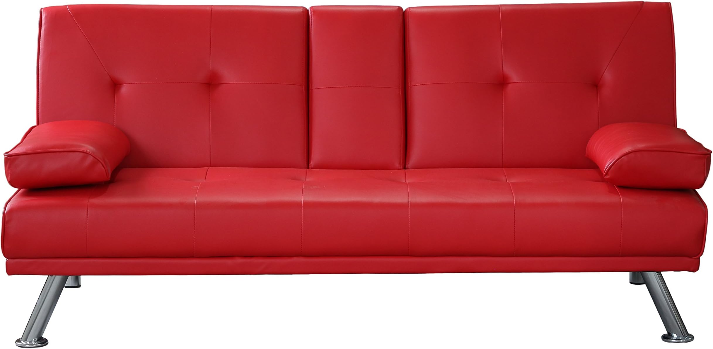 PUL Clic Clac Sofa Bed, 3-Seater Faux Leather Sofa, Drink Holder | Black White Brown Red (Red)