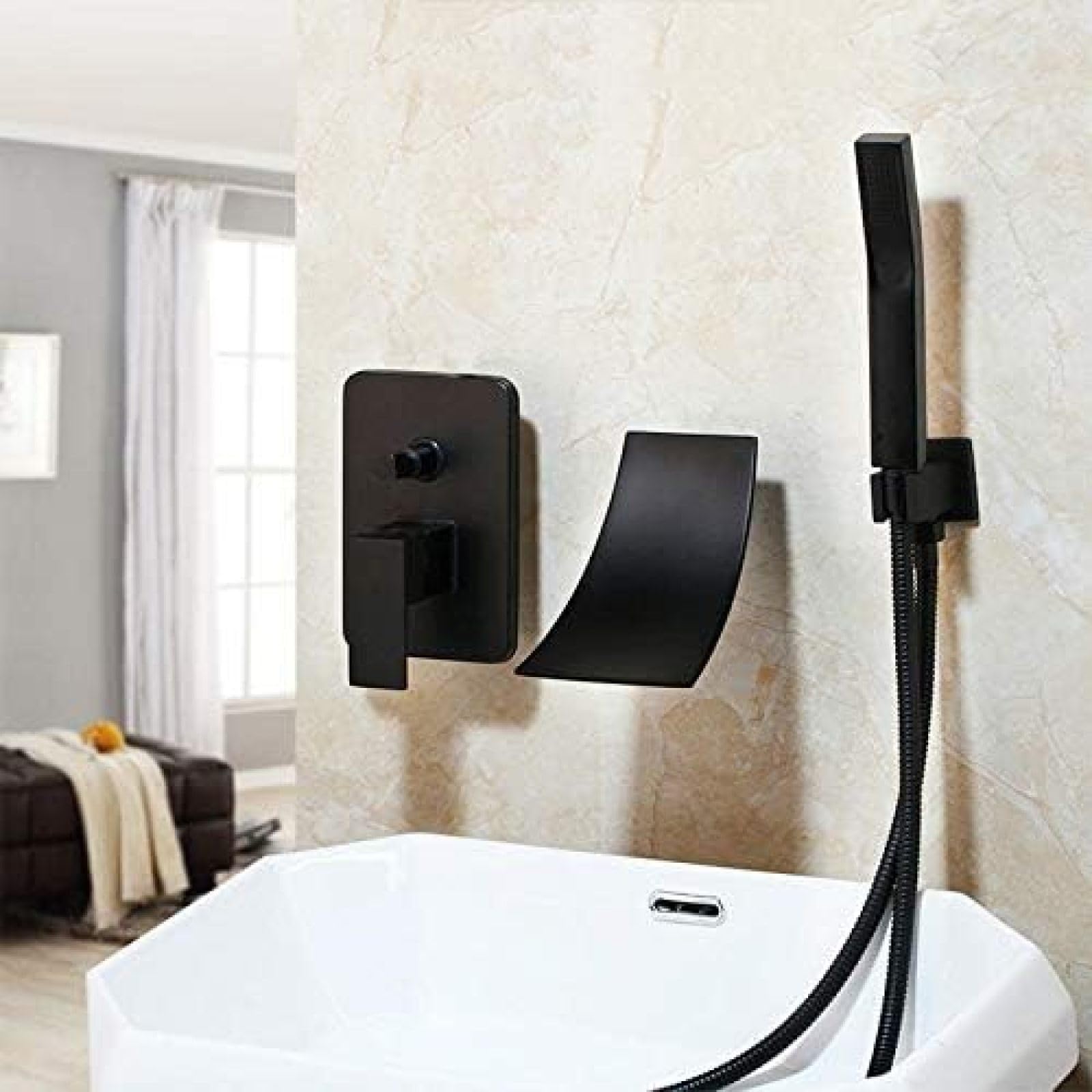 CWCQGH Black Painting Solid Brass Bathroom Bathtub Shower Faucet Set 1 Handle Waterfall Spout Hand Shower Set Faucets,Shower Faucet Set