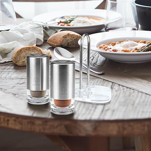 Miniatura 6 de Salero y pimentero de acero inoxidable con soporte, elegante juego de sal y pimienta para mesa de comedor, cocina y restaurante, recargable y fácil
