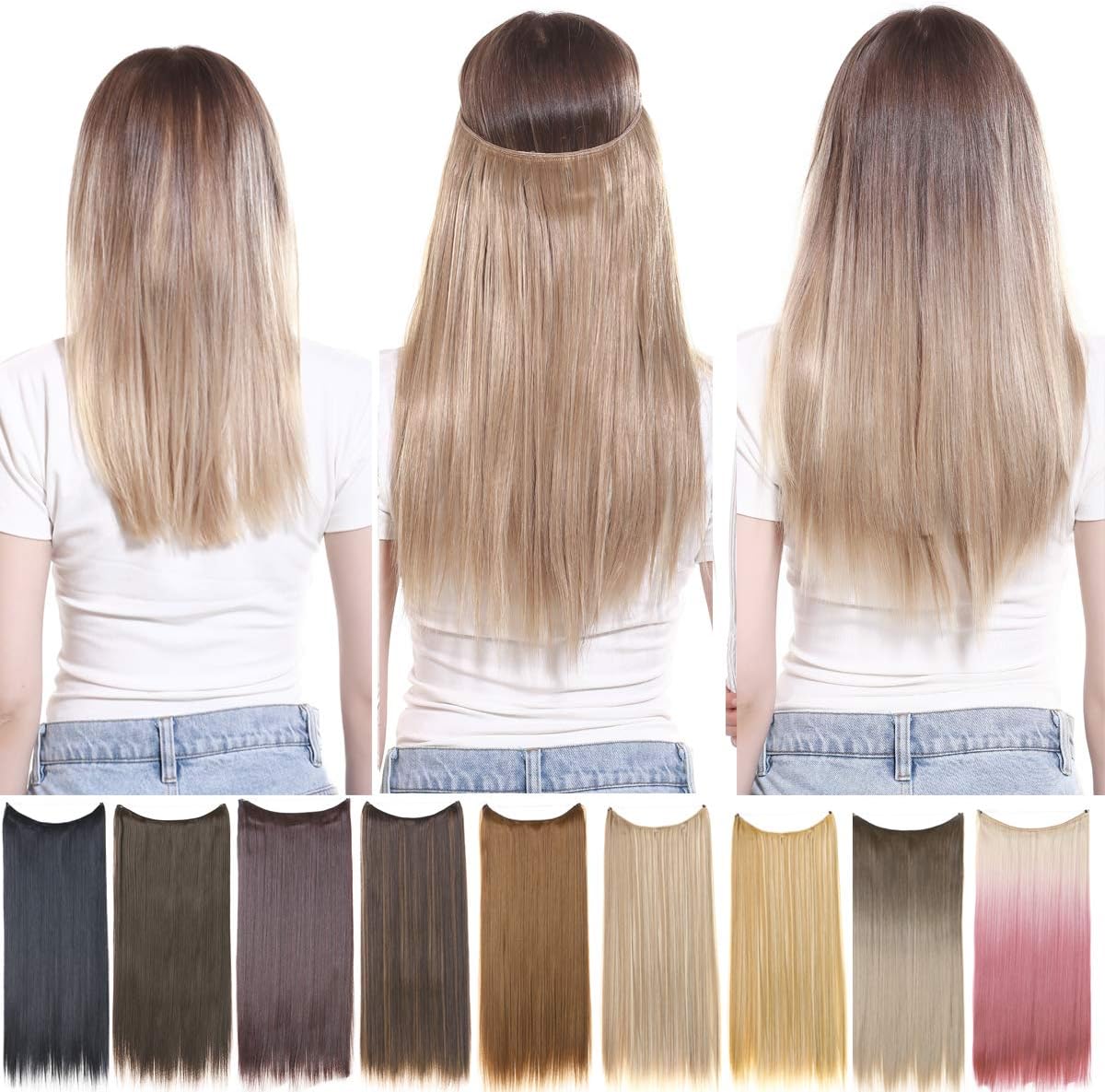 SARLAShort Invisible Wire Hair Extensions Dirty Blonde Straight Synthetic Hairpieces 14 inch Adjustable Transparent Headband for Women No Clip