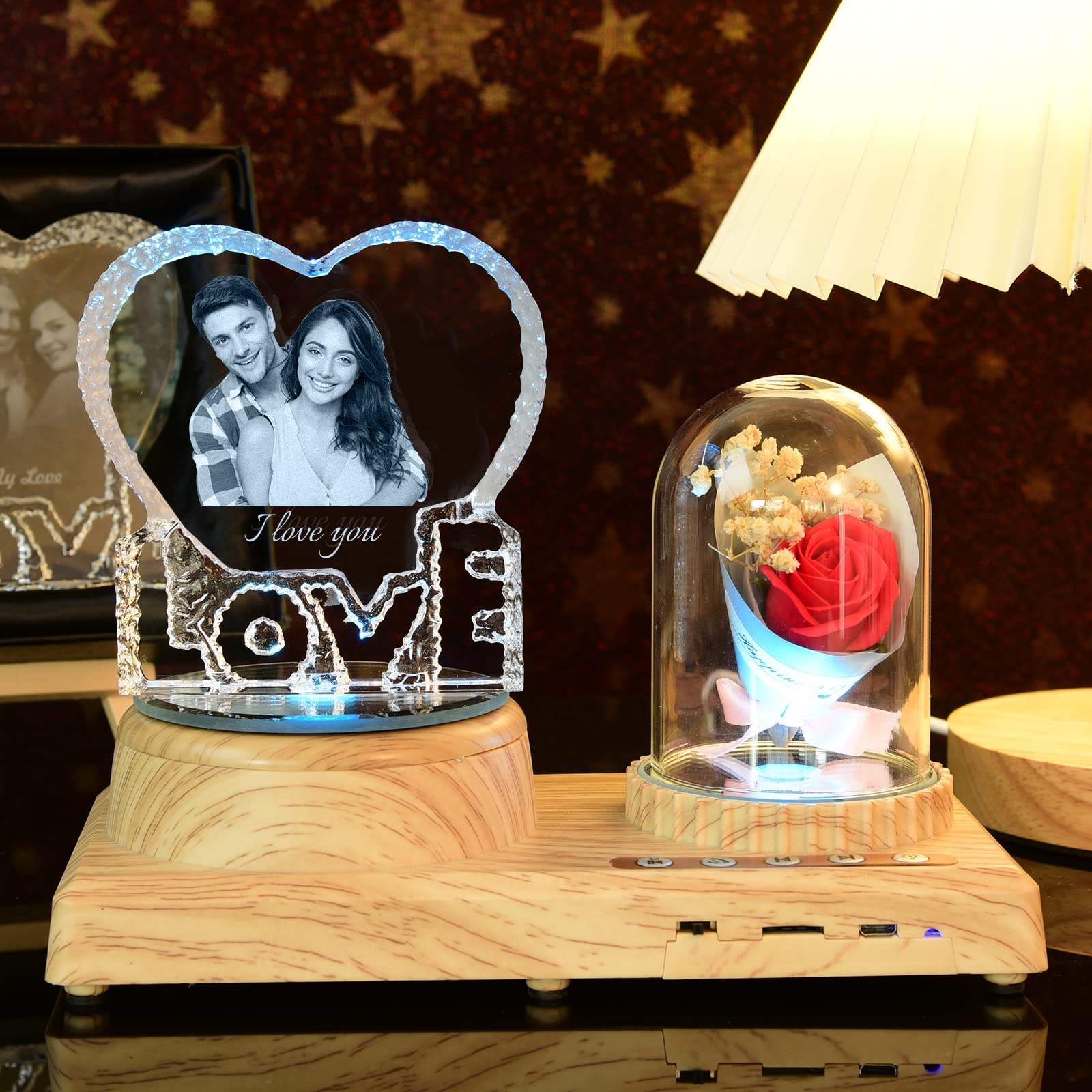 SHKINETARRY Love Crystal Photo Personalized 3D Crystal Picture Frame, Custom Heart Crystal with Bluetooth 7 Color LED Rotary Music Base, Memorable Gifts and Customized Gifts for Women Men