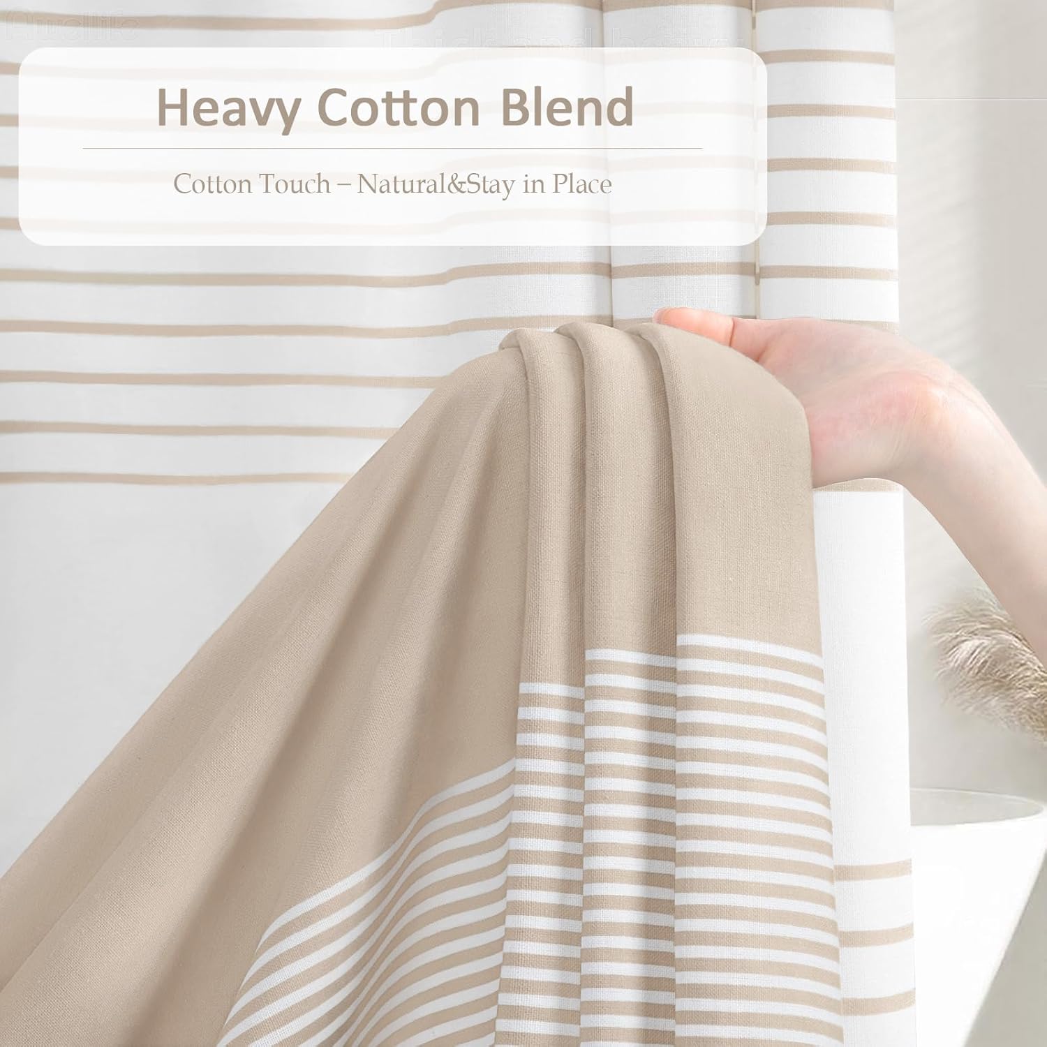 Beige Shower Curtain Cotton Boho Striped Shower Curtains for Bathroom with Tassel 72 X 72