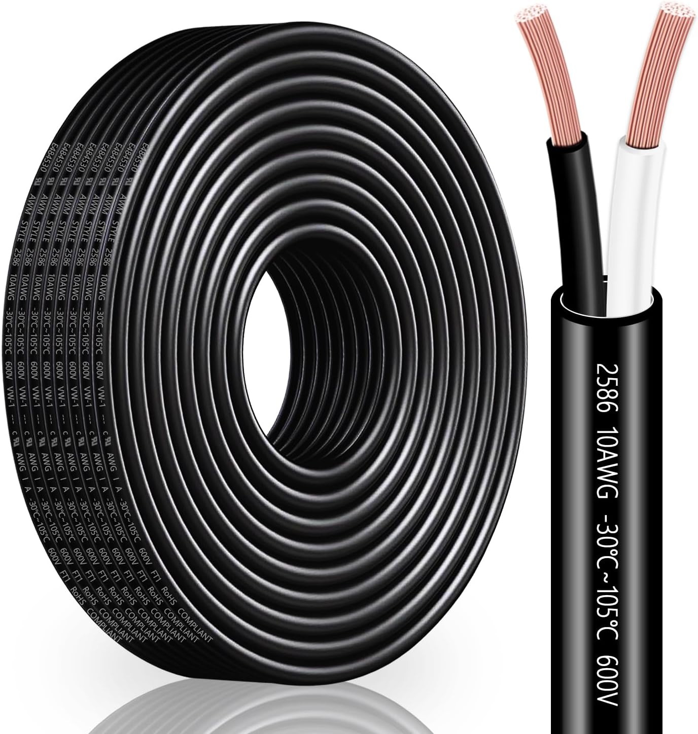 10 Gauge Wire 2 Conductor,10 AWG Electrical Wire Stranded PVC Cord Oxygen-Free Copper Cable,200FT 2 Core Pure Copper Flexible Cable Wire for LED Lamp Lighting Strips Automotive (10AWG-2C, 200FT)โฆ
