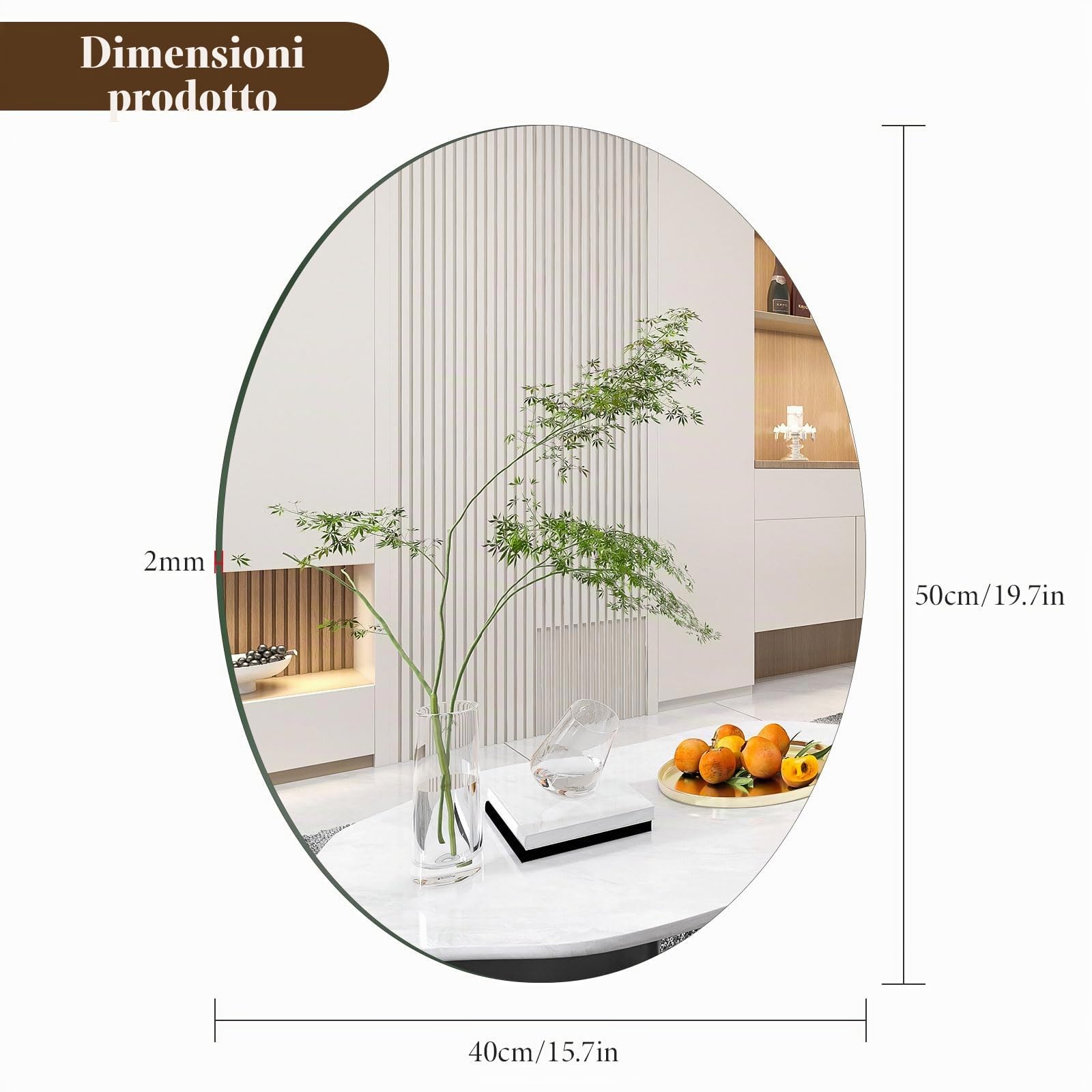 TSKDKIT Specchio da Parete Ovale 50x40cm, Specchio Adesivo Senza Bordo Specchio Ovale Autoadesivo in Vetro Grande senza Distorsione Specchio HD Decorativo per Bagno, Ingresso, Camera da Letto