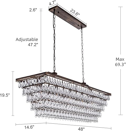 Miniatura 4 de Wellmet Candelabro de cristal para comedor, candelabros rectangulares de bronce antiguo de 48 pulgadas, 9 luces de granja para mesa de billar,